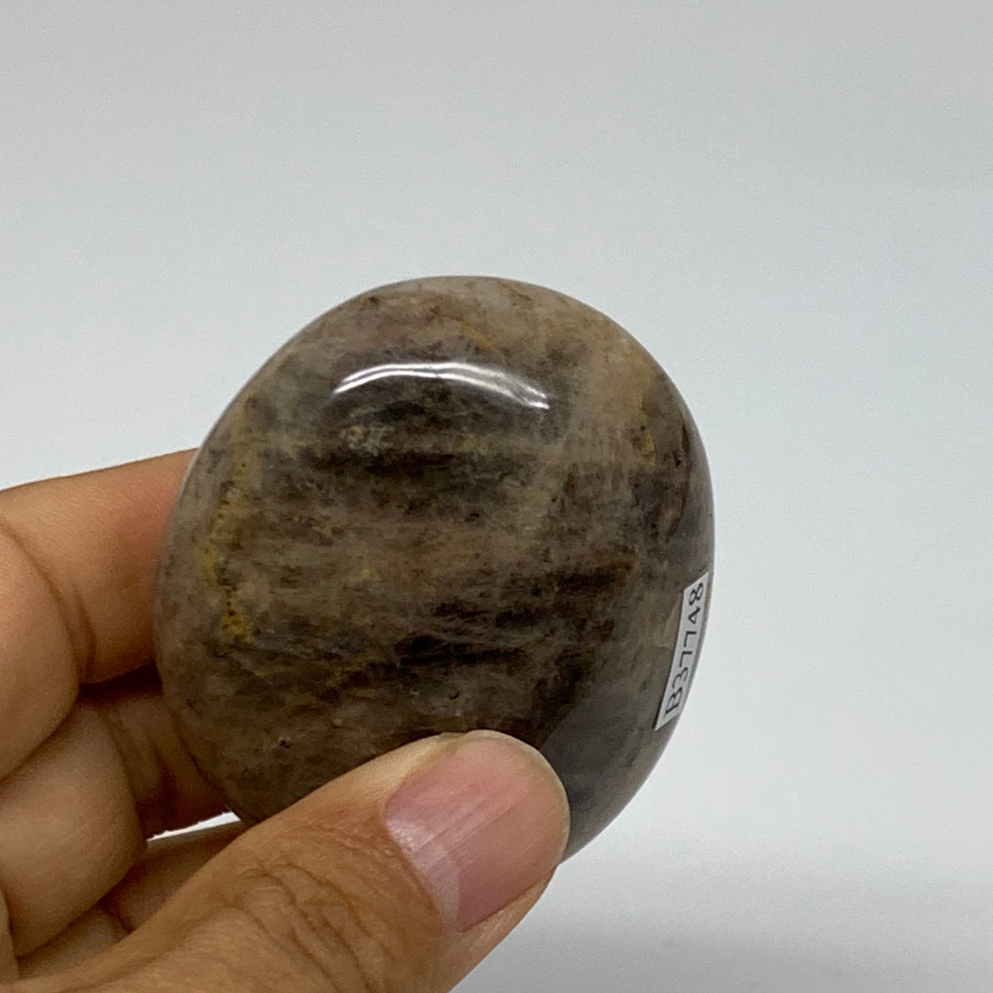 117.1g, 2.4"x2"x1.1",  Black Moonstone Crystal Palm-Stone Polished, B37748