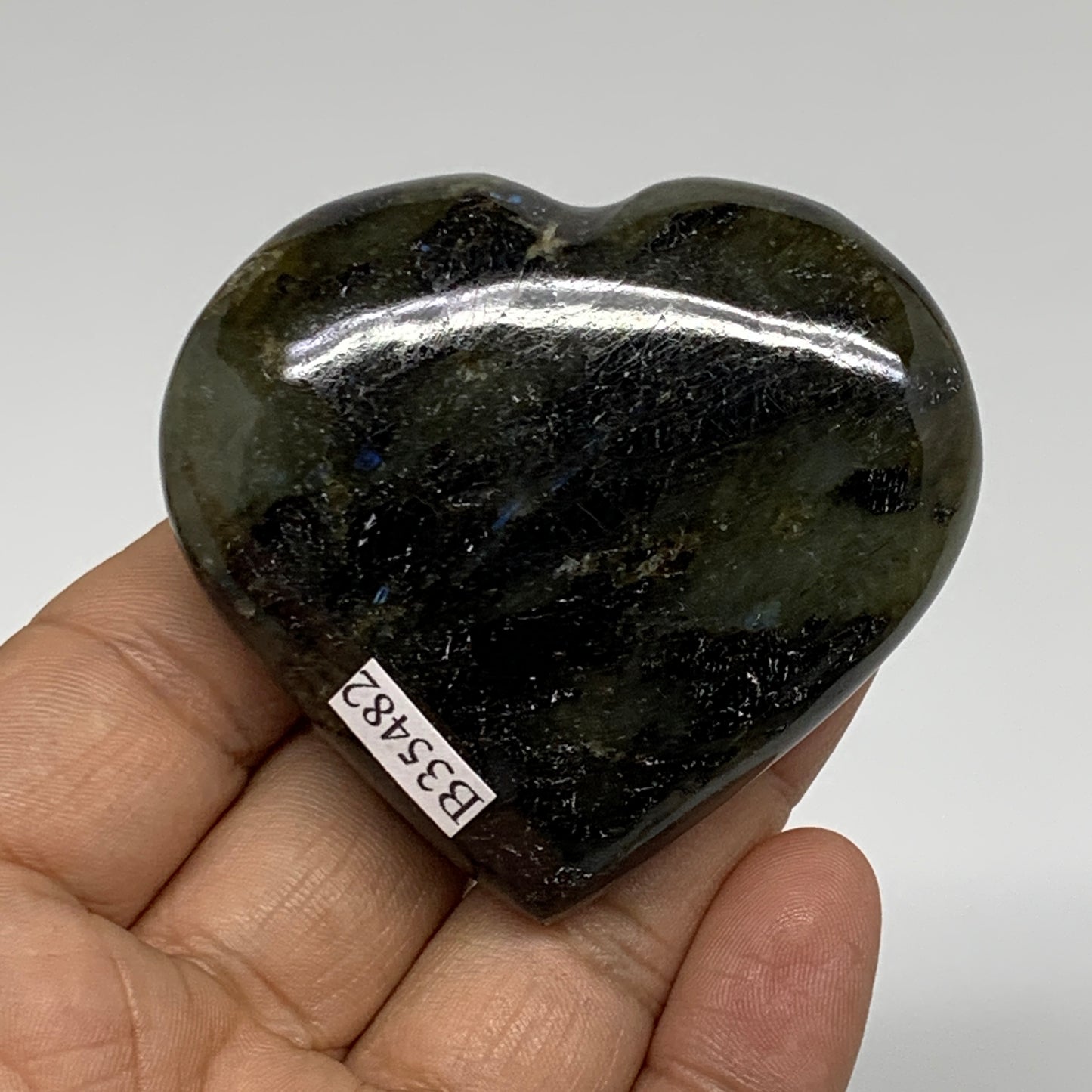 109.9g, 2.1"x2.3"x0.8", Natural Labradorite Heart Polished Crystal, B35482