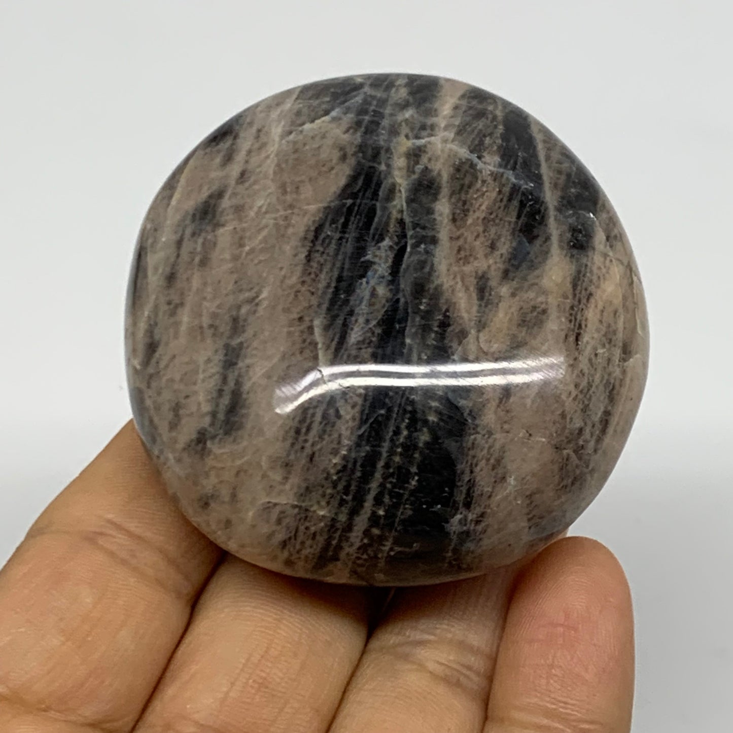 133.8g, 2.3"x2.2"x1.1",  Black Moonstone Crystal Palm-Stone Polished, B37750