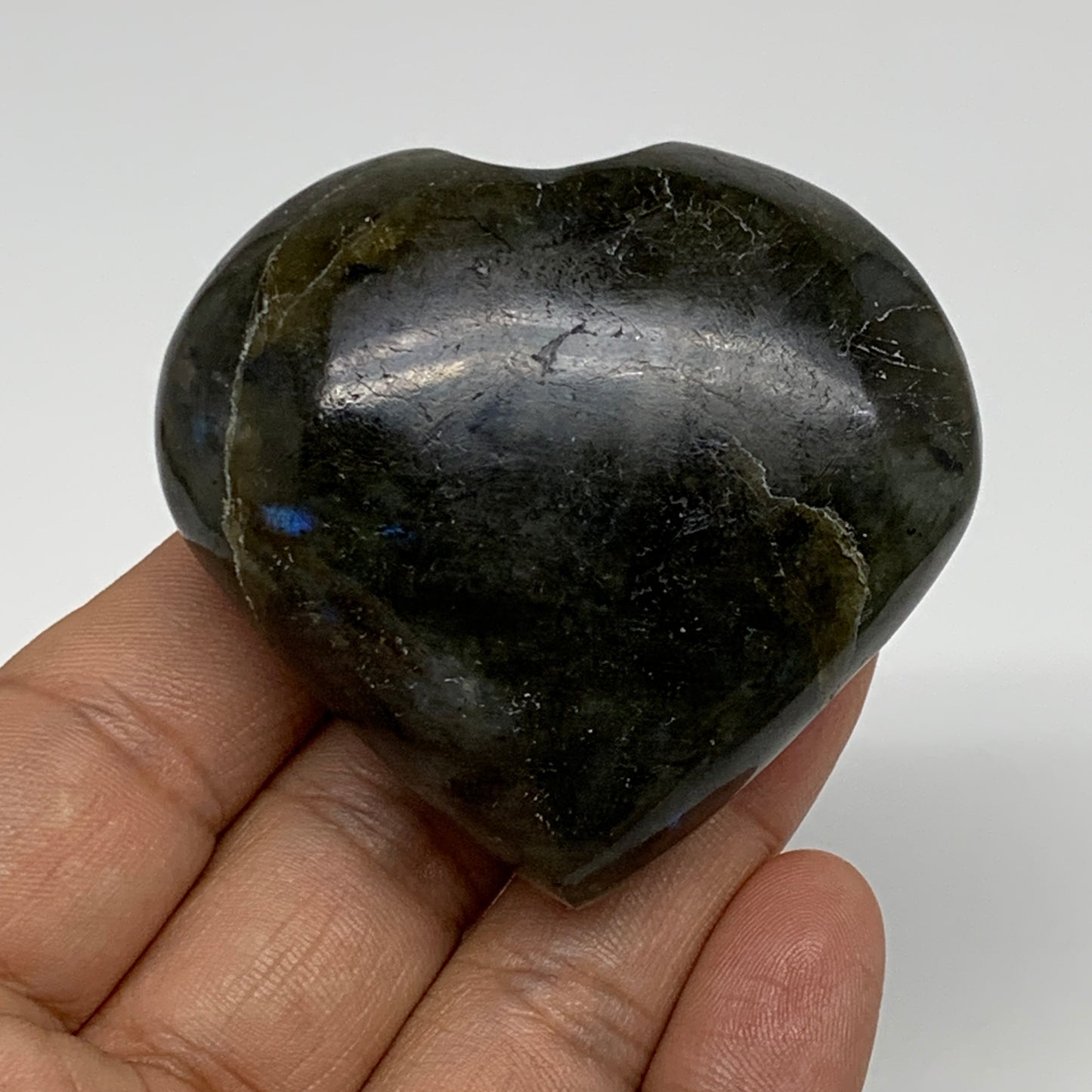 112.3g, 2.1"x2.3"x1.1", Natural Labradorite Heart Polished Crystal, B35484