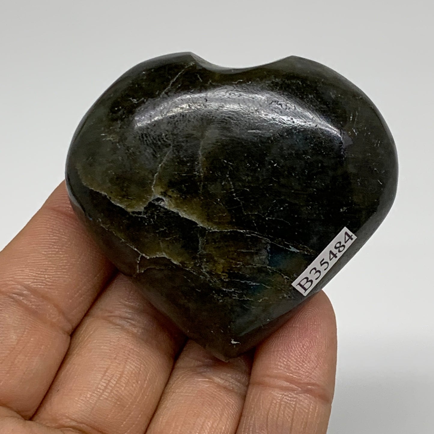 112.3g, 2.1"x2.3"x1.1", Natural Labradorite Heart Polished Crystal, B35484