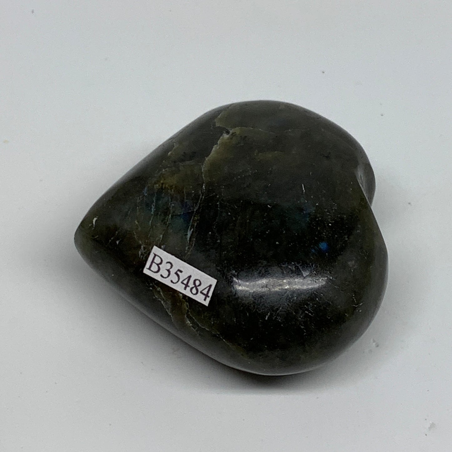 112.3g, 2.1"x2.3"x1.1", Natural Labradorite Heart Polished Crystal, B35484