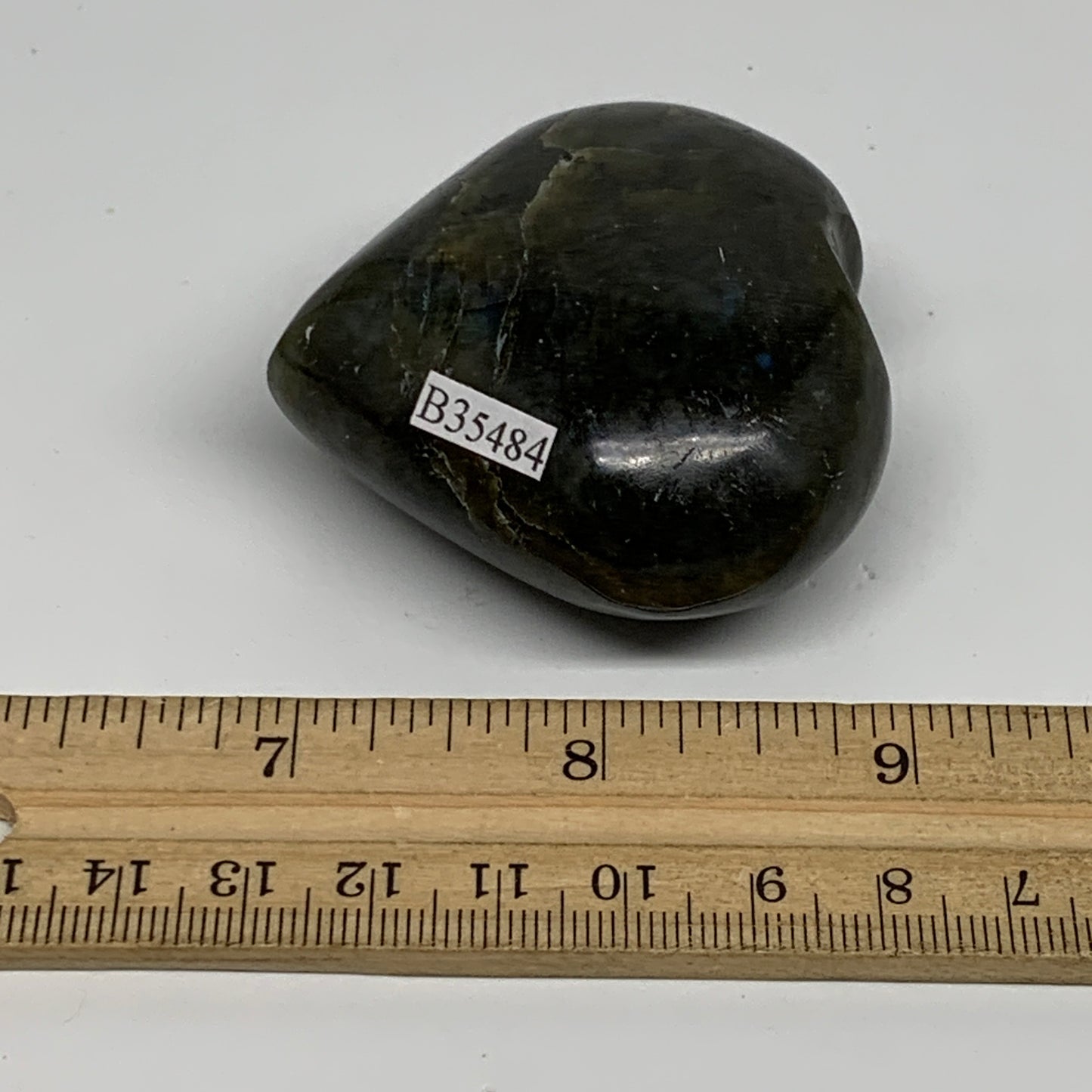 112.3g, 2.1"x2.3"x1.1", Natural Labradorite Heart Polished Crystal, B35484