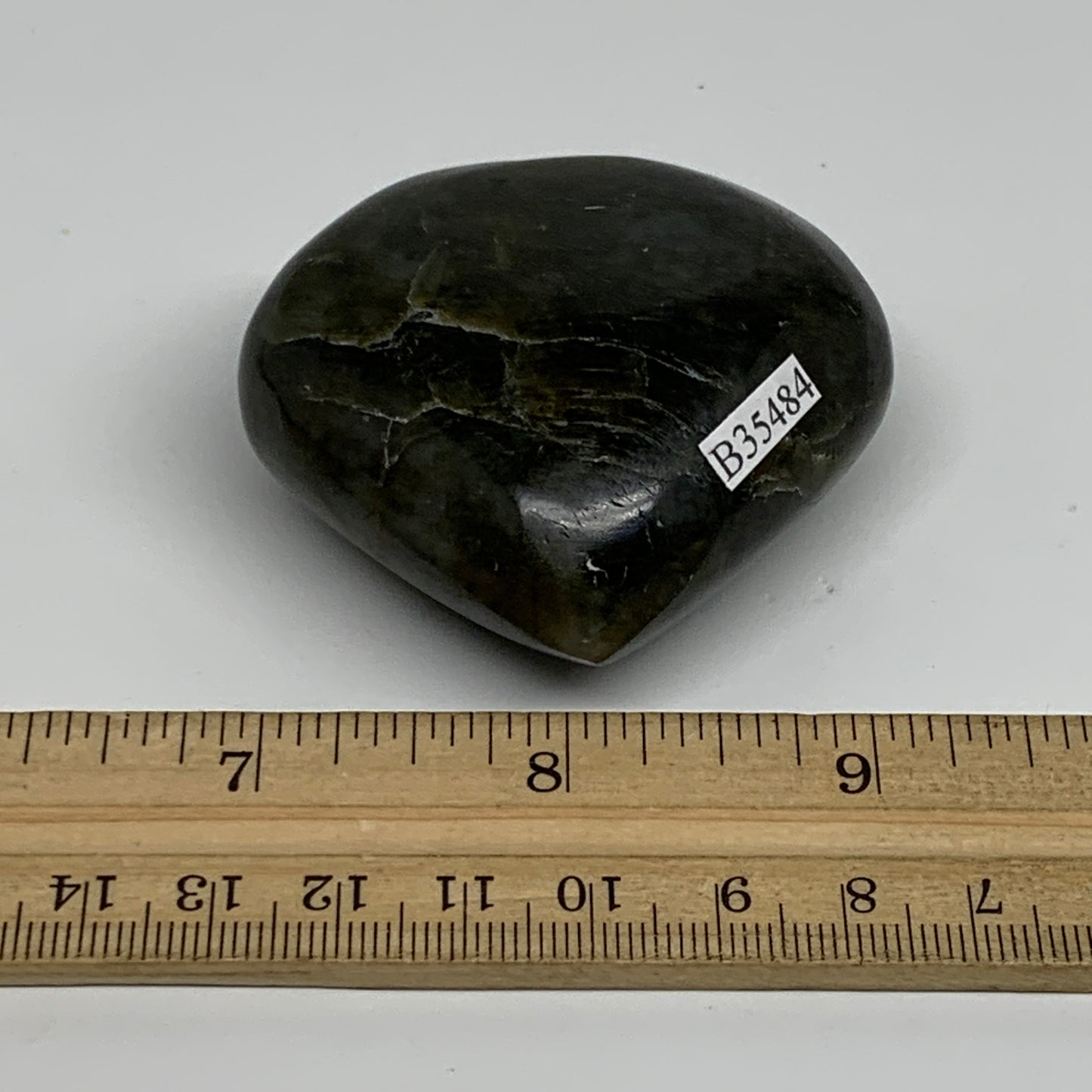 112.3g, 2.1"x2.3"x1.1", Natural Labradorite Heart Polished Crystal, B35484