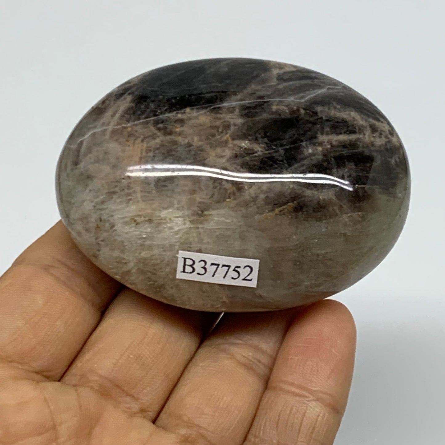 133g, 2.6"x1.9"x1.2",  Black Moonstone Crystal Palm-Stone Polished, B37752
