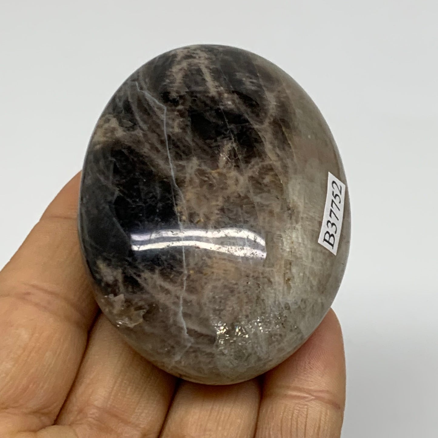 133g, 2.6"x1.9"x1.2",  Black Moonstone Crystal Palm-Stone Polished, B37752
