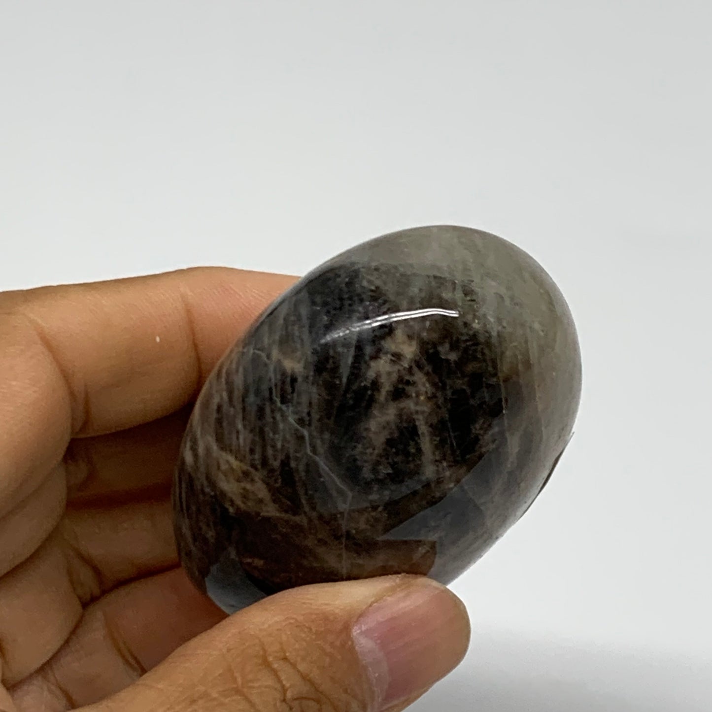 133g, 2.6"x1.9"x1.2",  Black Moonstone Crystal Palm-Stone Polished, B37752