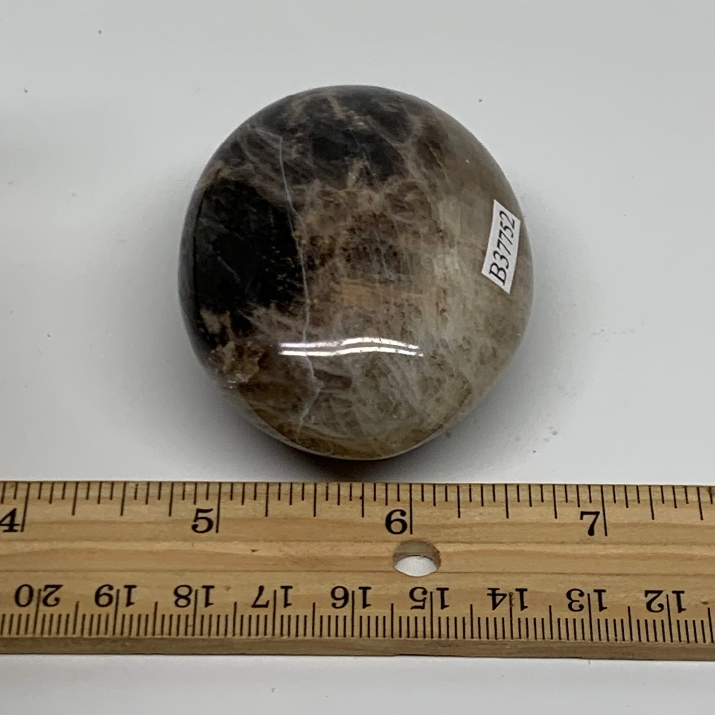 133g, 2.6"x1.9"x1.2",  Black Moonstone Crystal Palm-Stone Polished, B37752