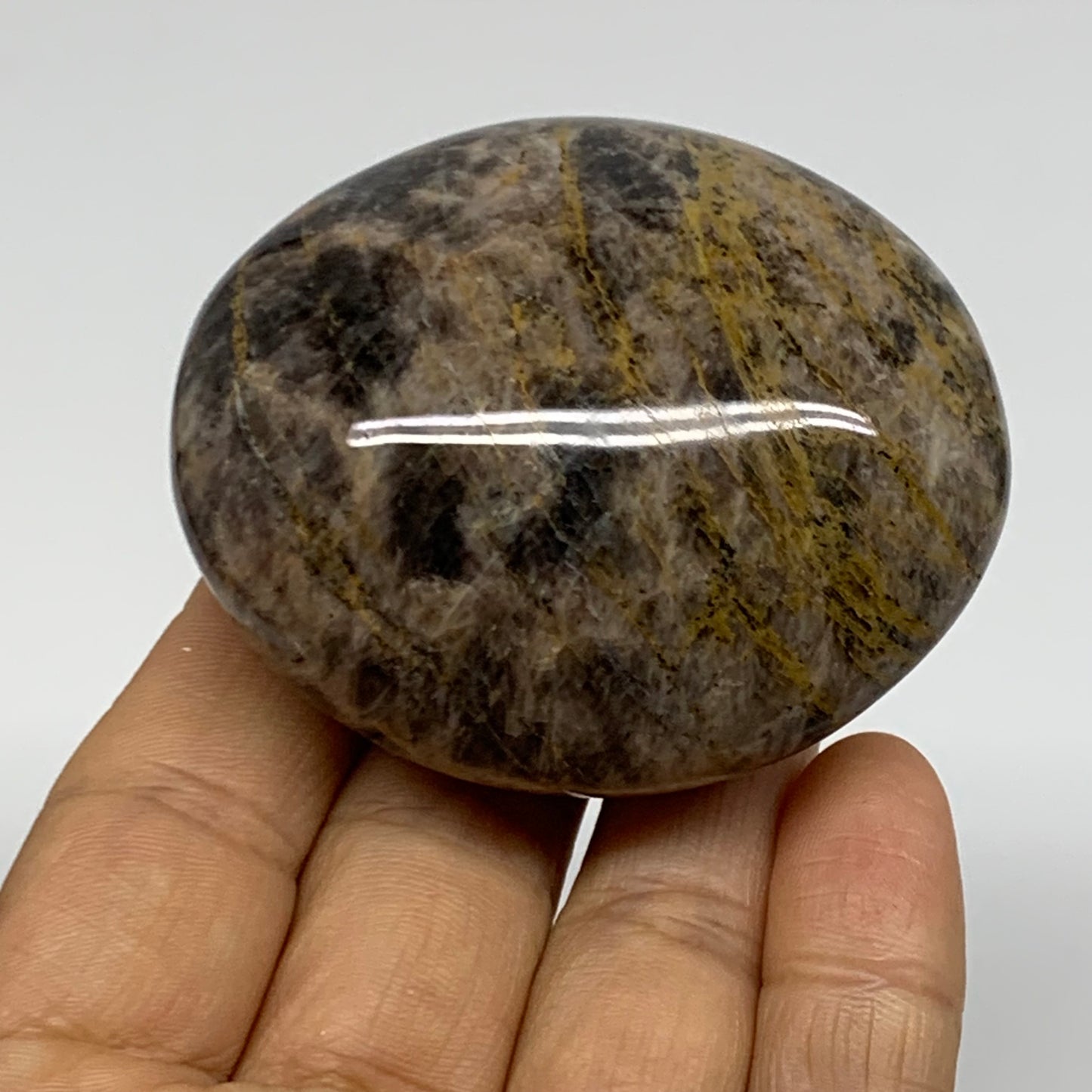 135.2g, 2.4"x2.1"x1.2",  Black Moonstone Crystal Palm-Stone Polished, B37753