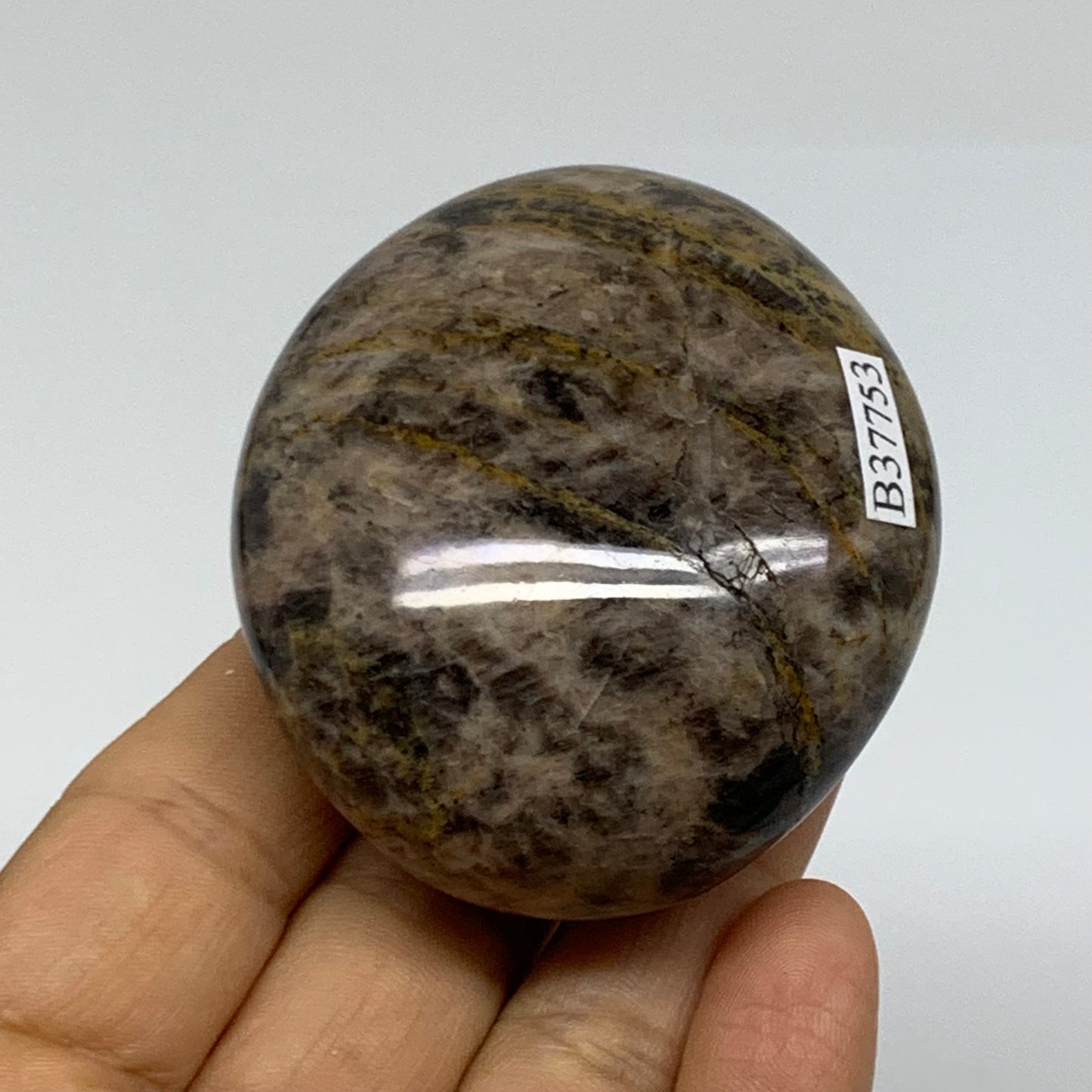 135.2g, 2.4"x2.1"x1.2",  Black Moonstone Crystal Palm-Stone Polished, B37753
