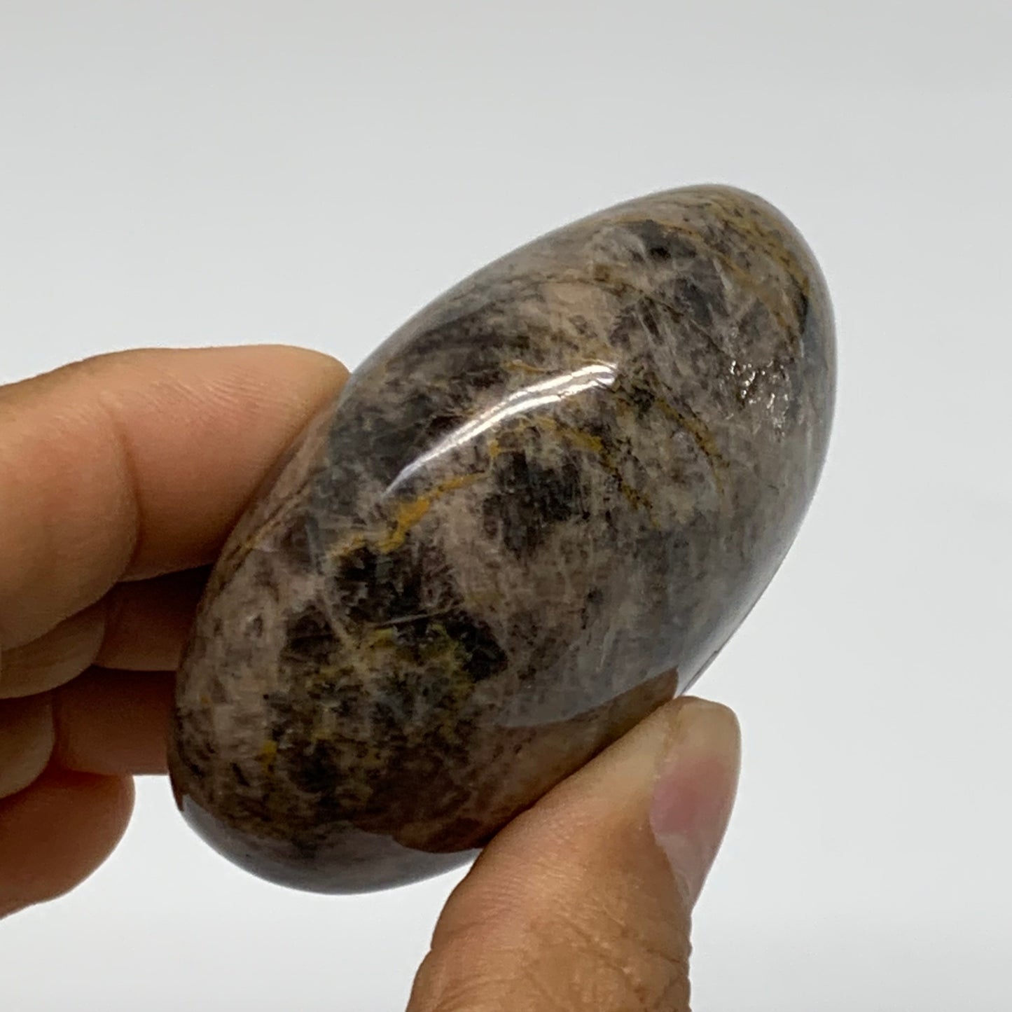 135.2g, 2.4"x2.1"x1.2",  Black Moonstone Crystal Palm-Stone Polished, B37753