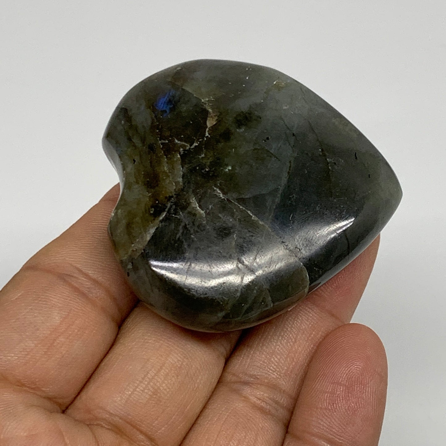 67.3g, 2"x2.1"x0.7", Natural Labradorite Heart Polished Crystal, B35487