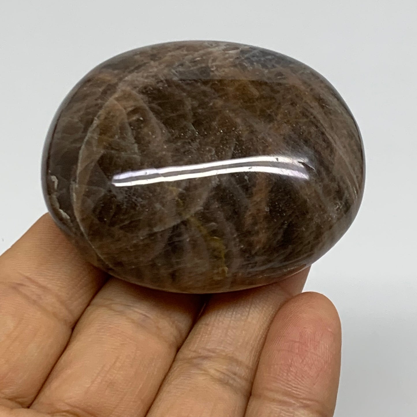 107.6g, 2.3"x1.9"x1",  Black Moonstone Crystal Palm-Stone Polished, B37754