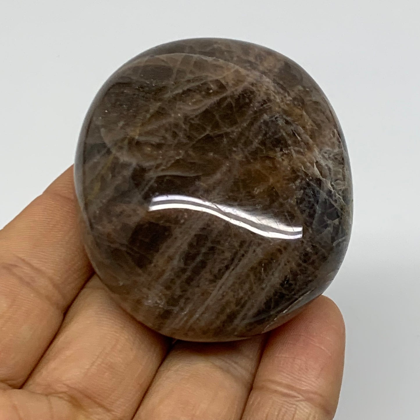 107.6g, 2.3"x1.9"x1",  Black Moonstone Crystal Palm-Stone Polished, B37754