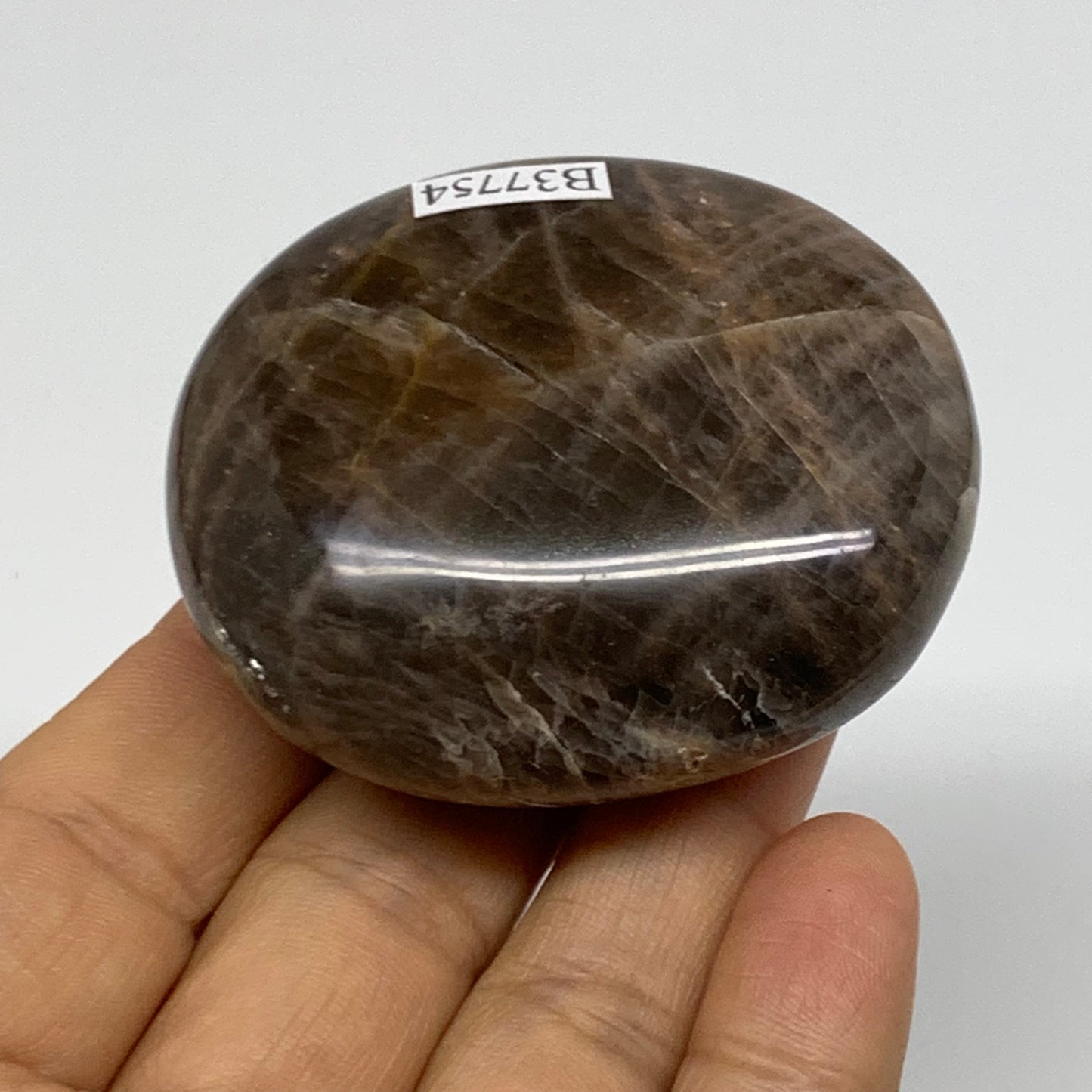 107.6g, 2.3"x1.9"x1",  Black Moonstone Crystal Palm-Stone Polished, B37754