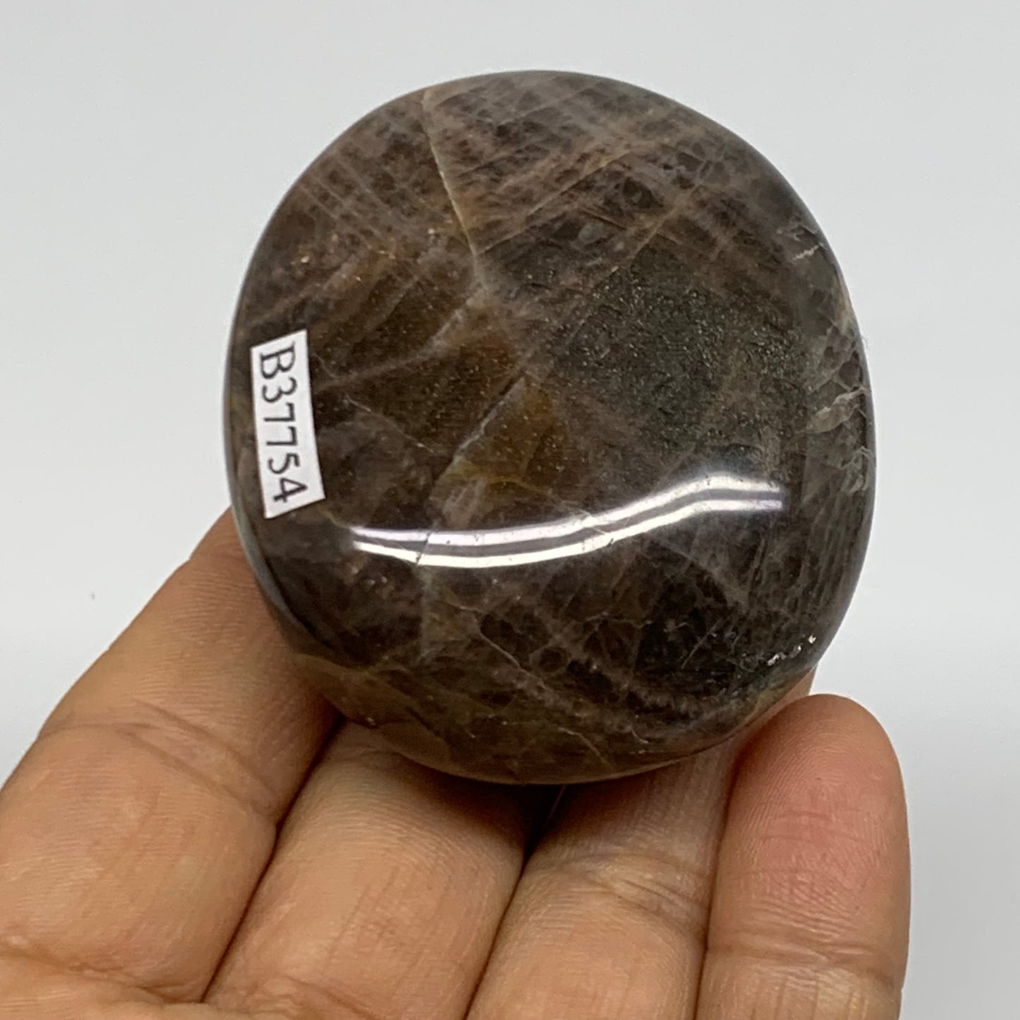 107.6g, 2.3"x1.9"x1",  Black Moonstone Crystal Palm-Stone Polished, B37754
