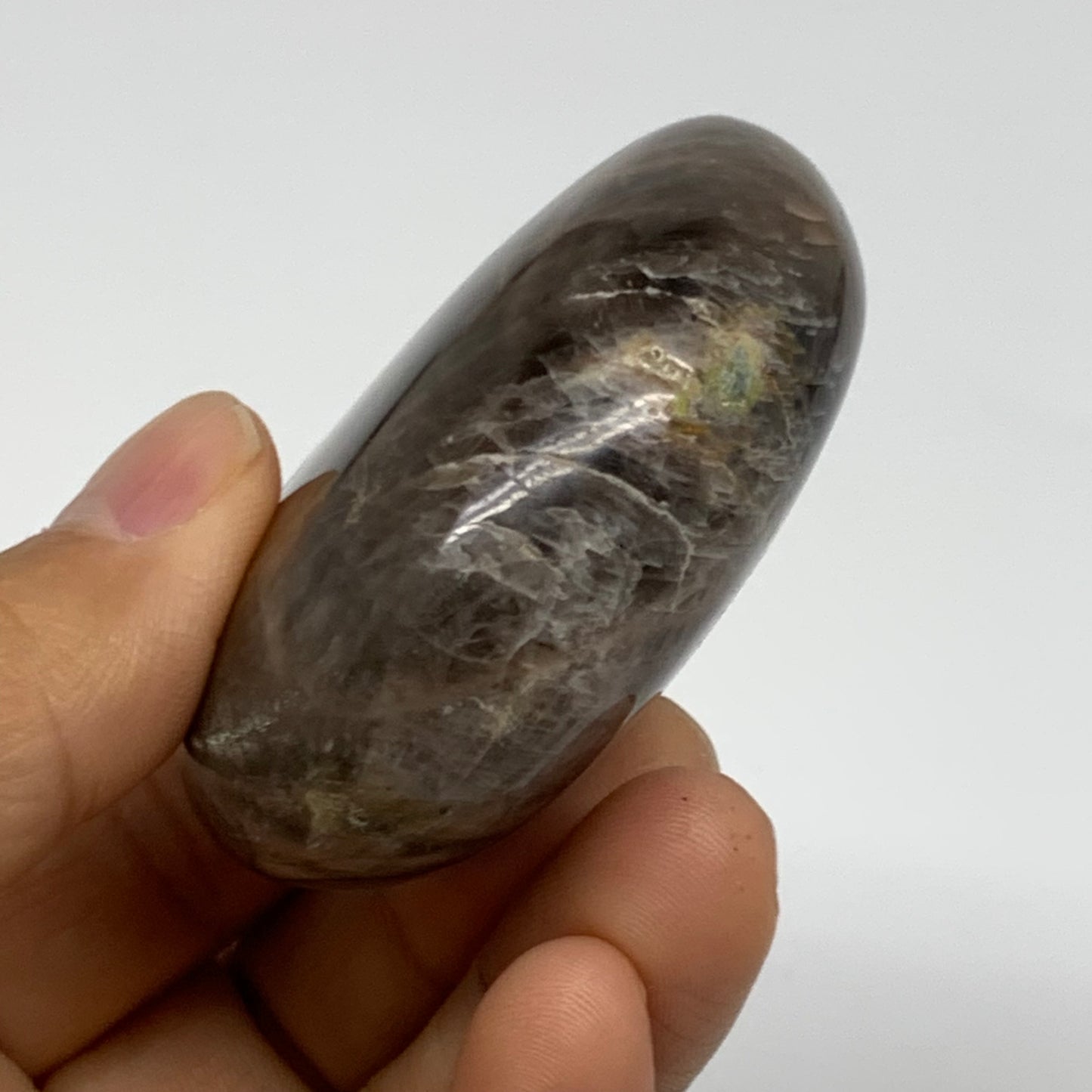 107.6g, 2.3"x1.9"x1",  Black Moonstone Crystal Palm-Stone Polished, B37754