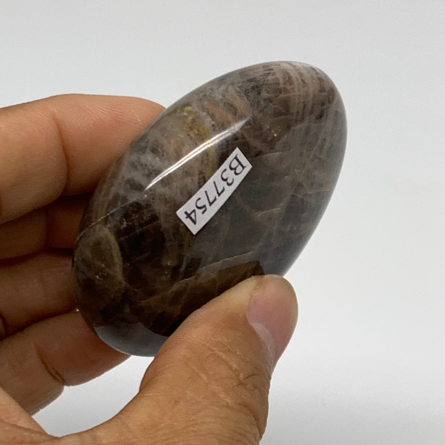 107.6g, 2.3"x1.9"x1",  Black Moonstone Crystal Palm-Stone Polished, B37754