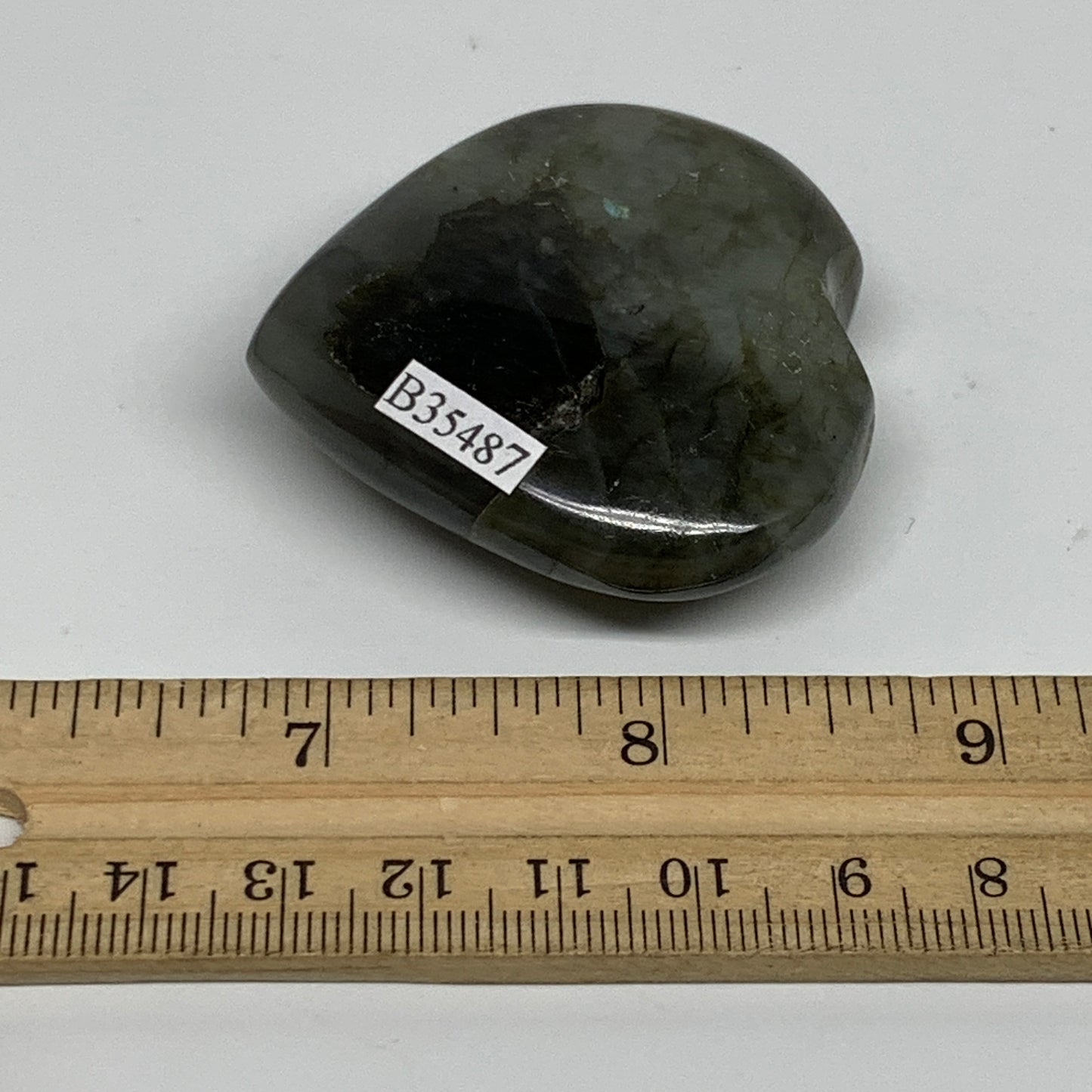 67.3g, 2"x2.1"x0.7", Natural Labradorite Heart Polished Crystal, B35487