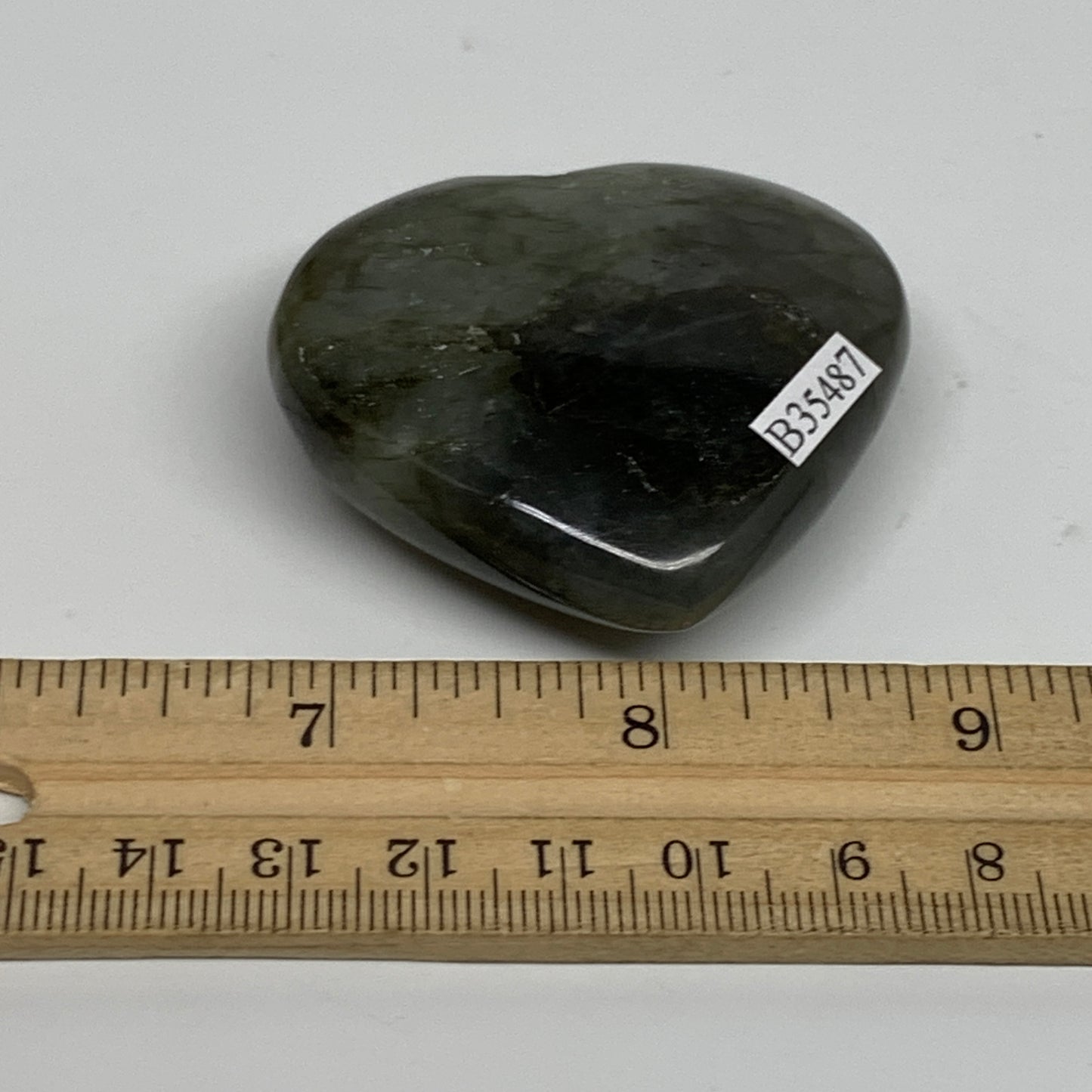 67.3g, 2"x2.1"x0.7", Natural Labradorite Heart Polished Crystal, B35487