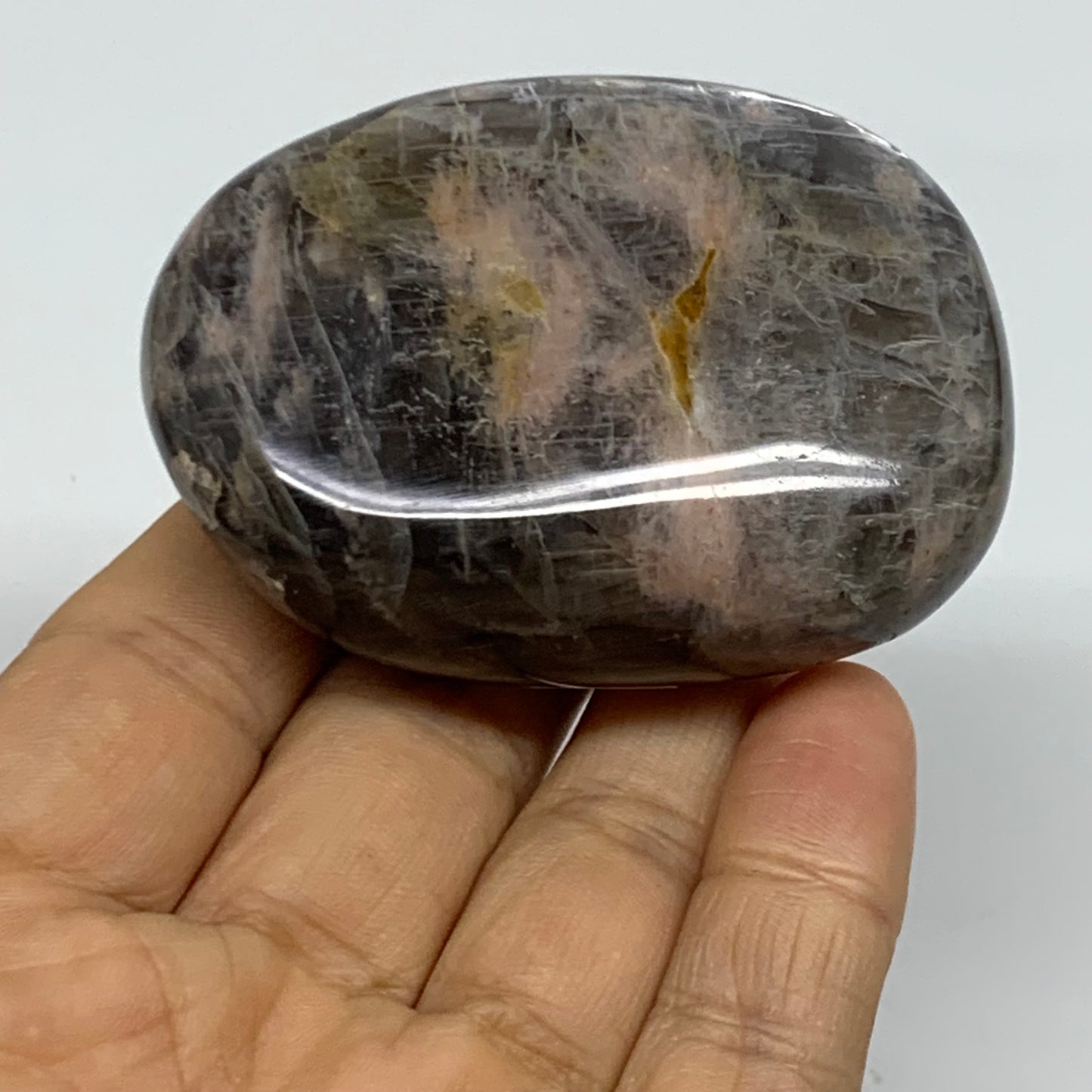 133g, 2.6"x1.9"x1.1",  Black Moonstone Crystal Palm-Stone Polished, B37755
