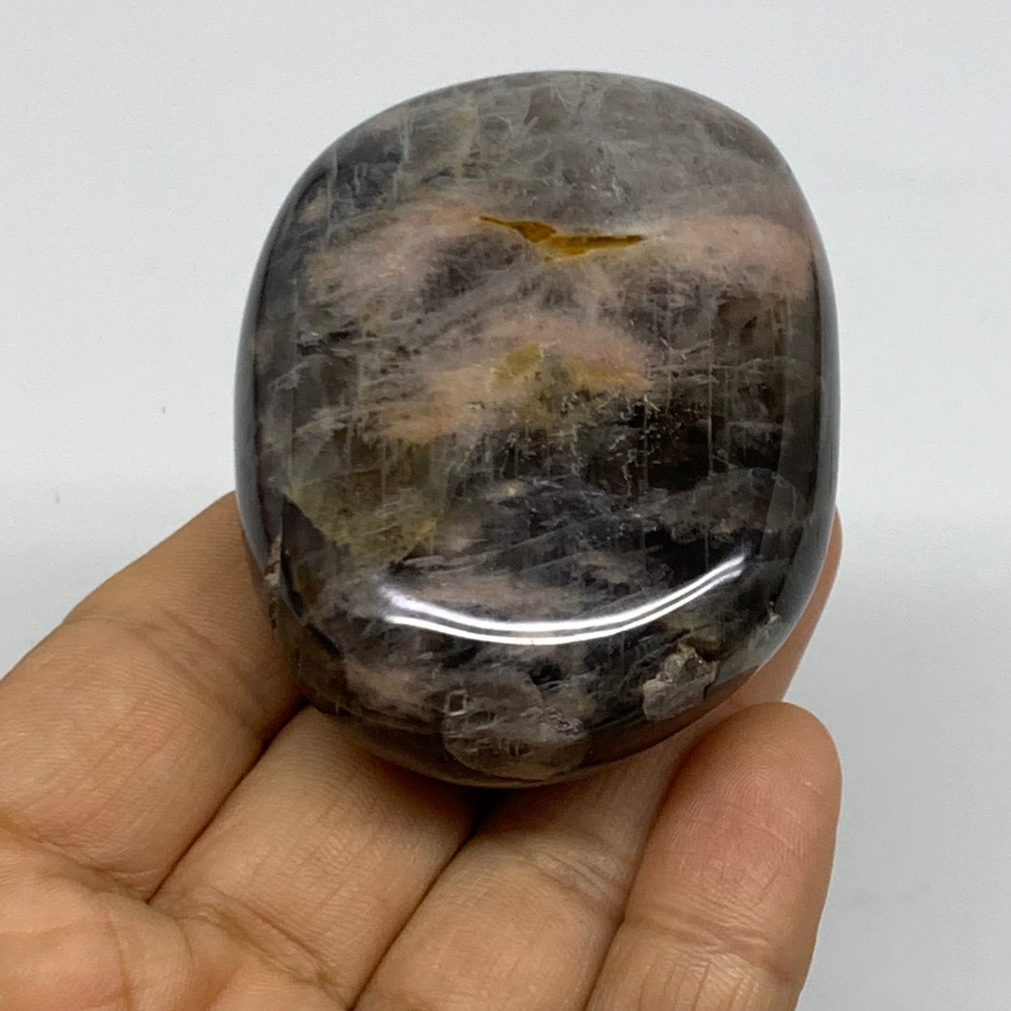 133g, 2.6"x1.9"x1.1",  Black Moonstone Crystal Palm-Stone Polished, B37755