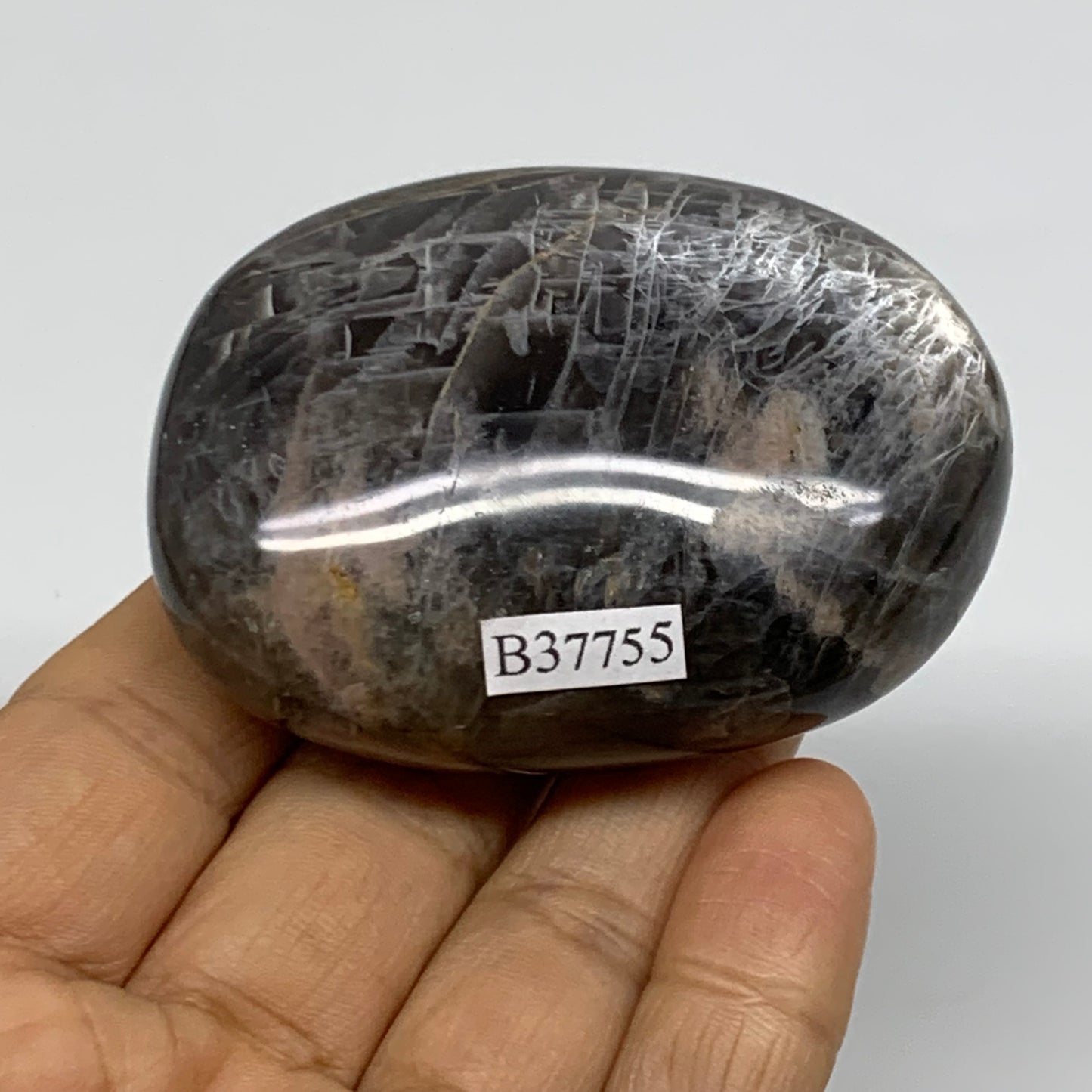 133g, 2.6"x1.9"x1.1",  Black Moonstone Crystal Palm-Stone Polished, B37755