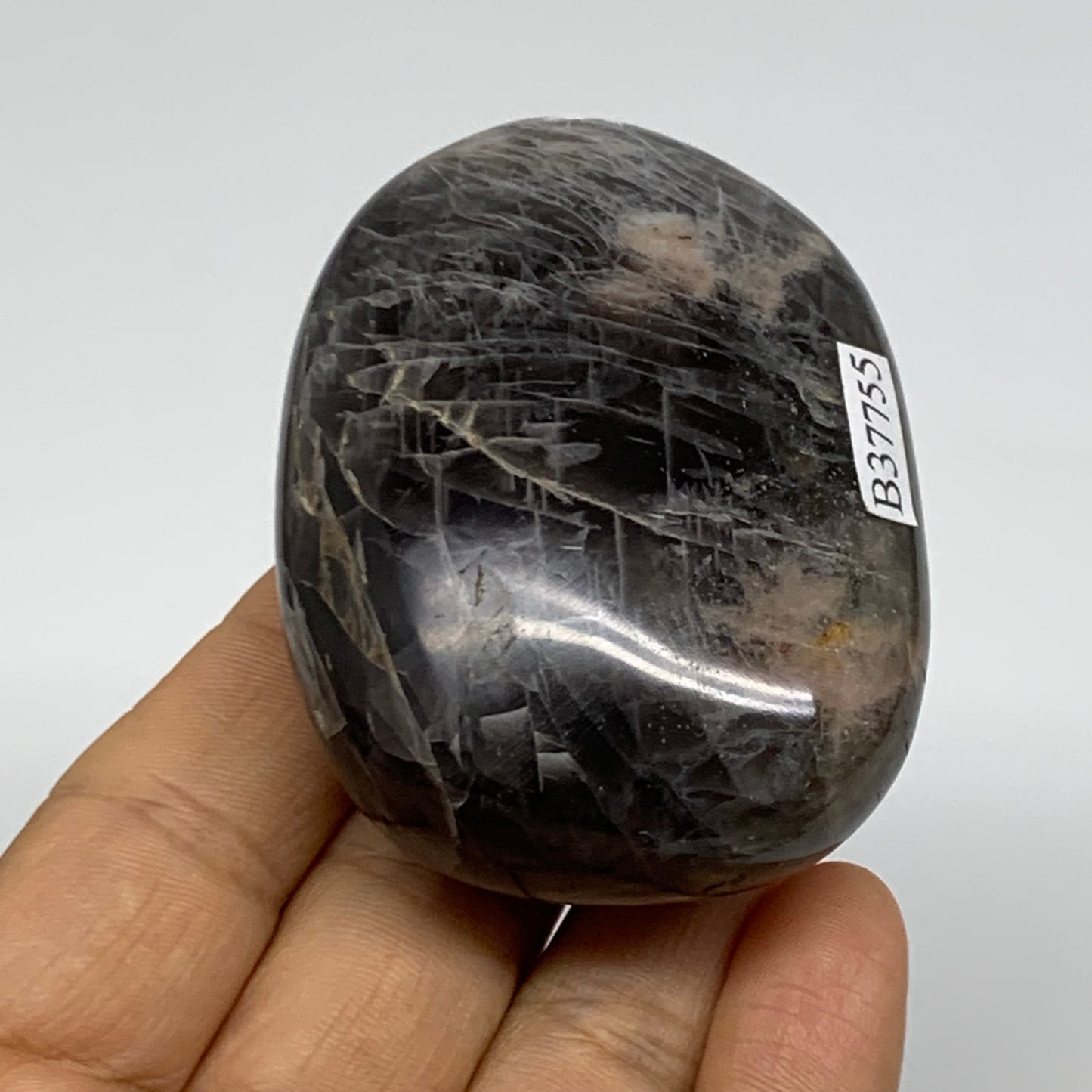 133g, 2.6"x1.9"x1.1",  Black Moonstone Crystal Palm-Stone Polished, B37755