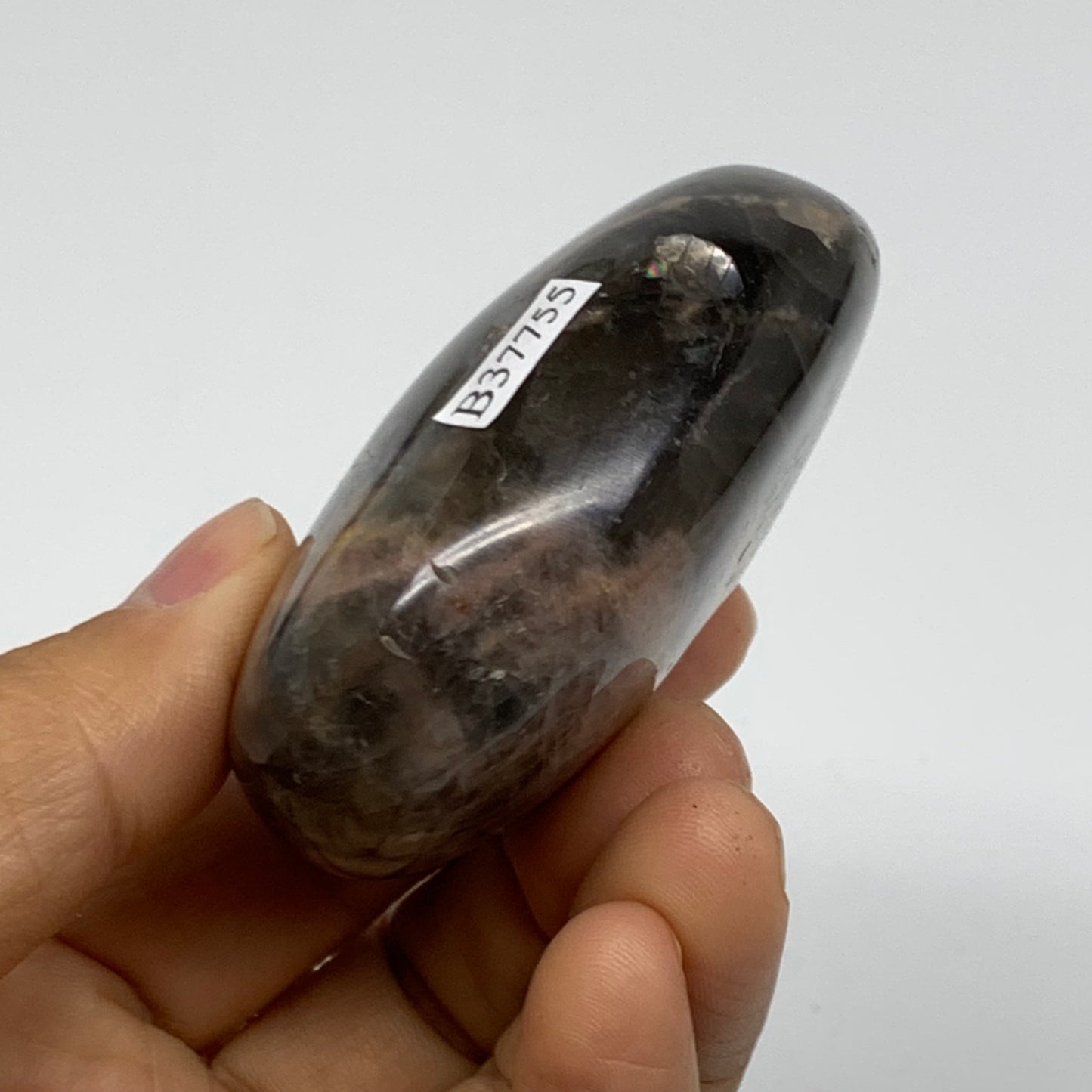 133g, 2.6"x1.9"x1.1",  Black Moonstone Crystal Palm-Stone Polished, B37755