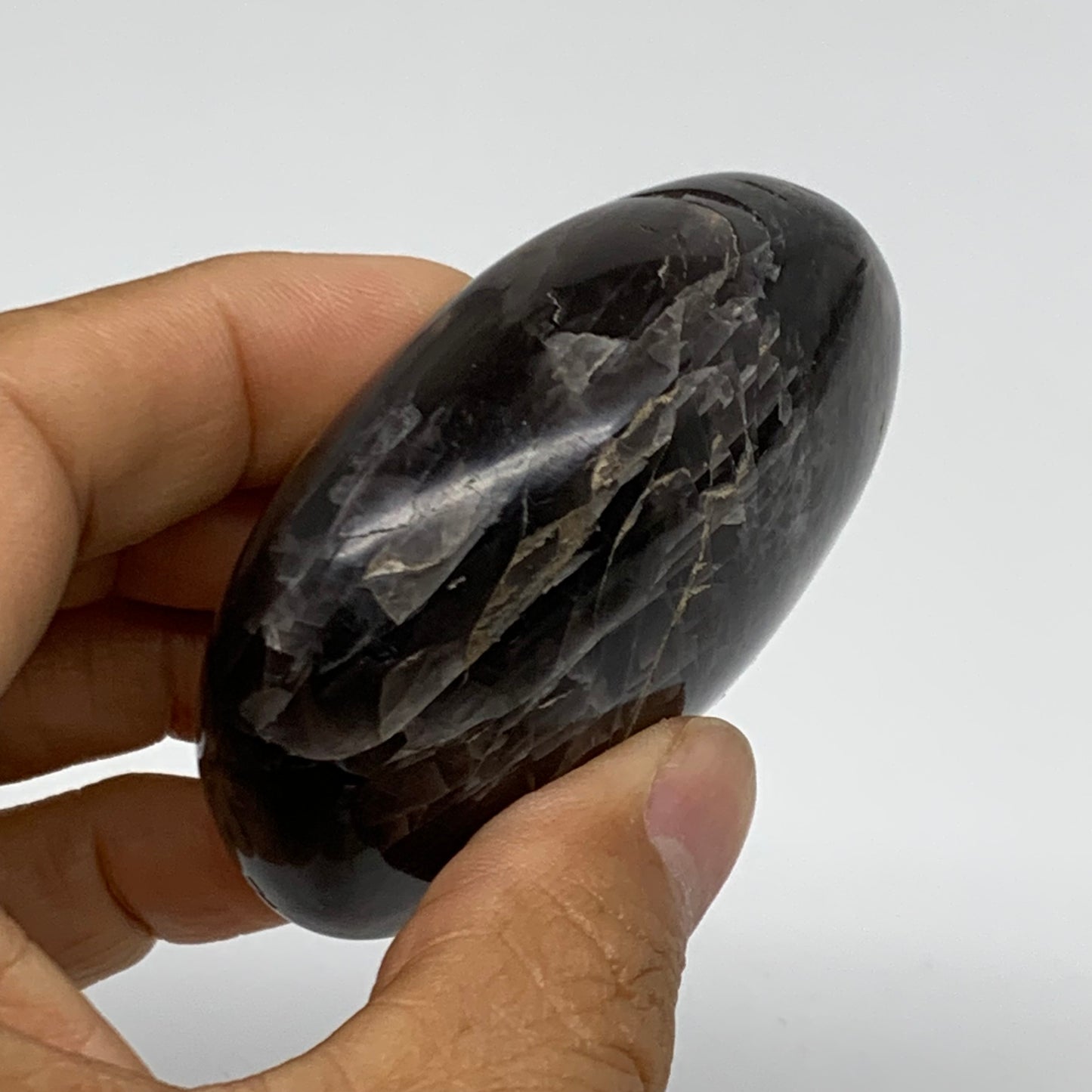 133g, 2.6"x1.9"x1.1",  Black Moonstone Crystal Palm-Stone Polished, B37755