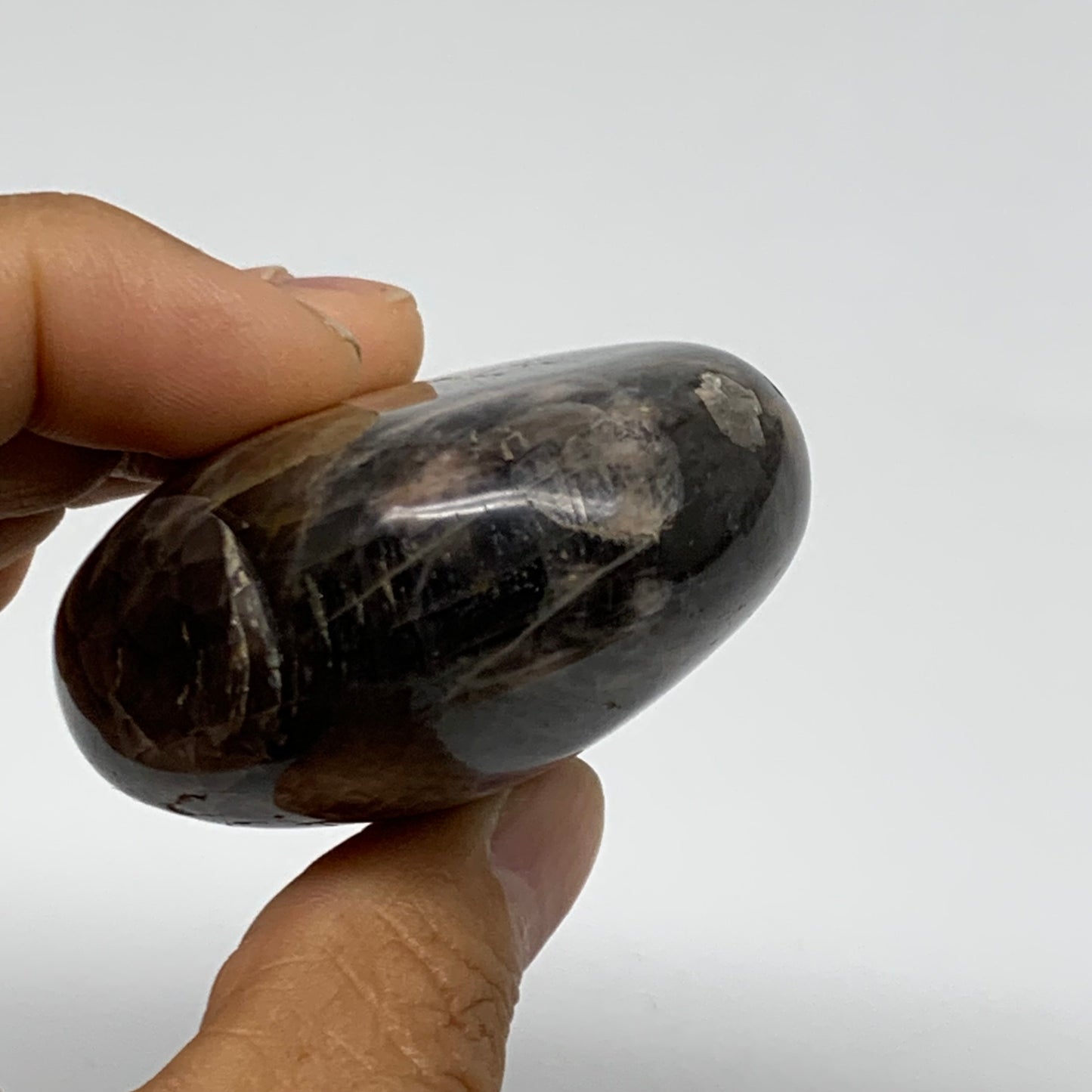 133g, 2.6"x1.9"x1.1",  Black Moonstone Crystal Palm-Stone Polished, B37755