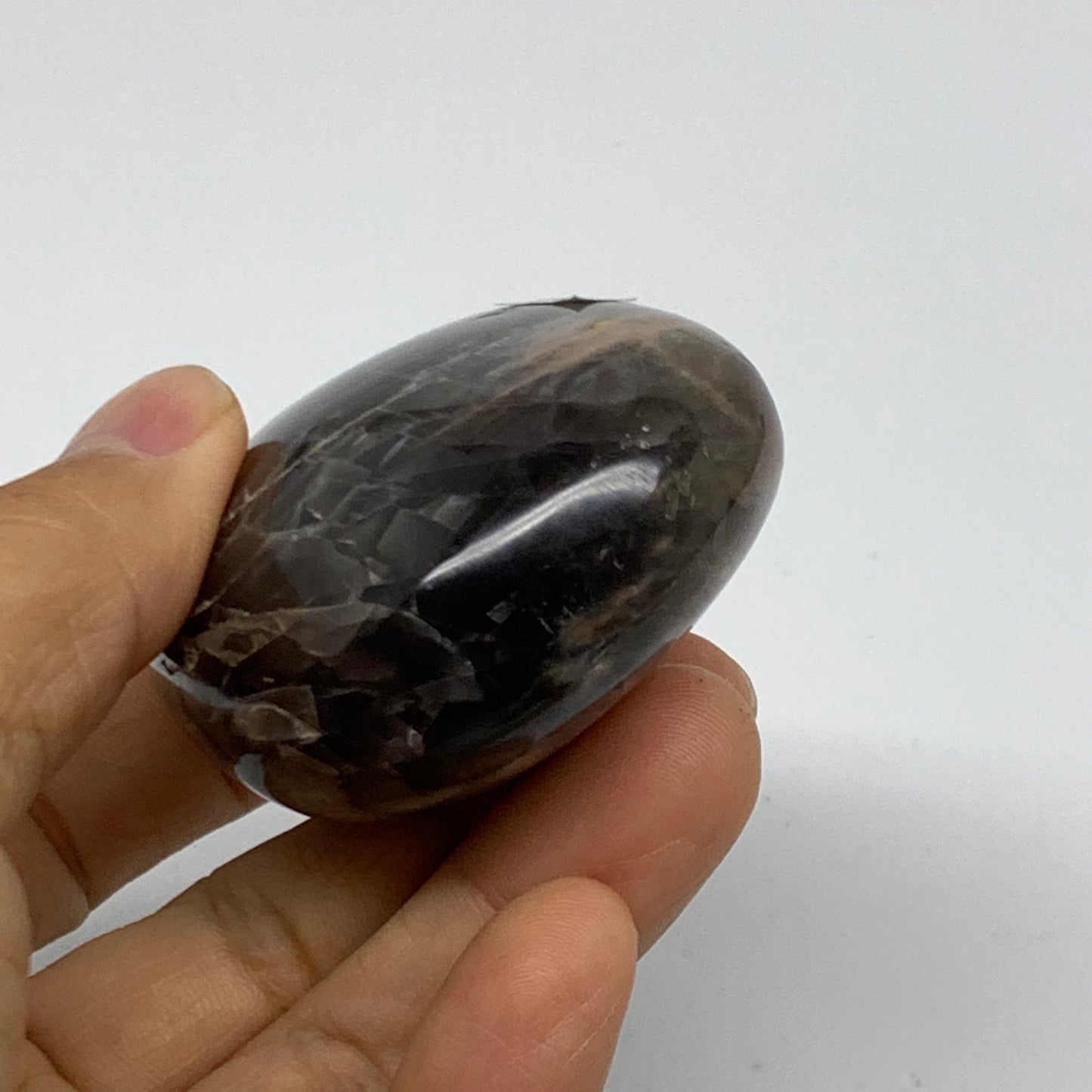 133g, 2.6"x1.9"x1.1",  Black Moonstone Crystal Palm-Stone Polished, B37755
