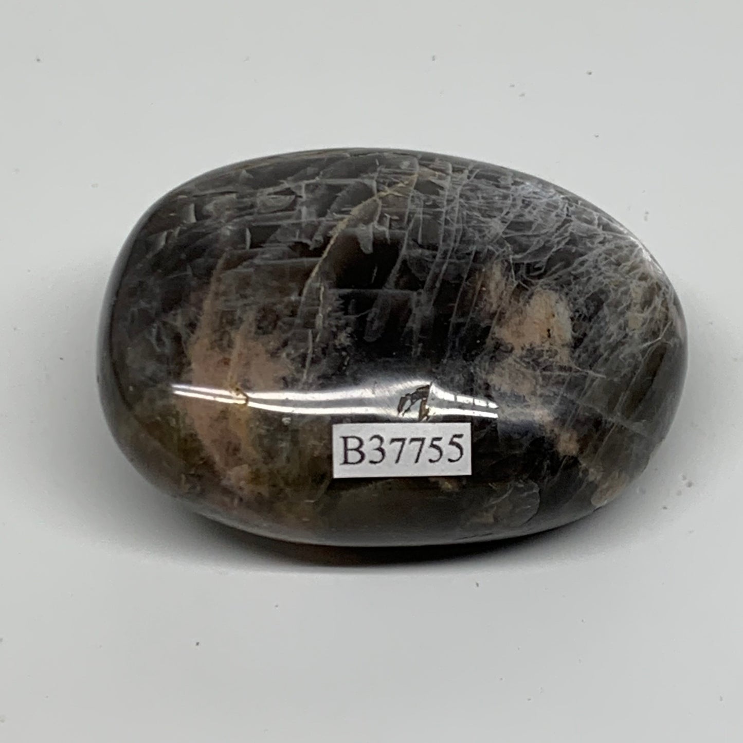 133g, 2.6"x1.9"x1.1",  Black Moonstone Crystal Palm-Stone Polished, B37755