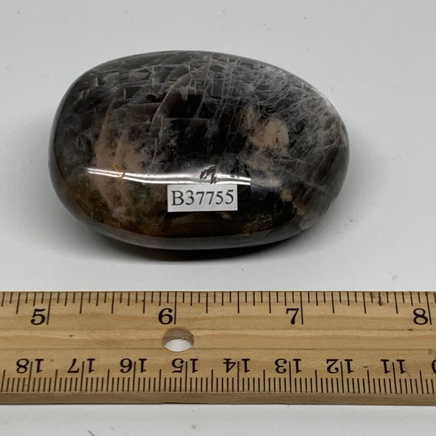 133g, 2.6"x1.9"x1.1",  Black Moonstone Crystal Palm-Stone Polished, B37755