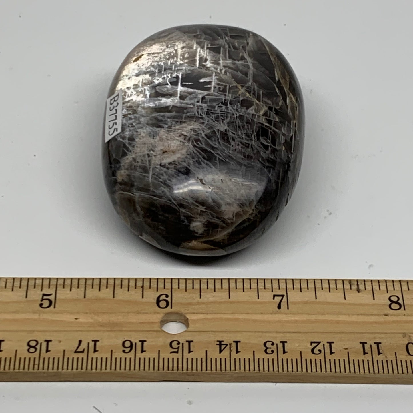 133g, 2.6"x1.9"x1.1",  Black Moonstone Crystal Palm-Stone Polished, B37755