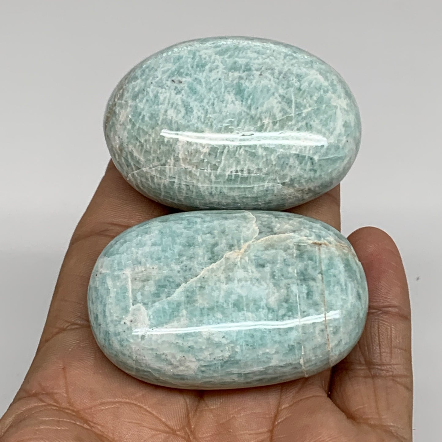 134.6g, 2.1"-2.1", 2pcs, Natural Amazonite Palm-Stone Tumbled Polished, B34720