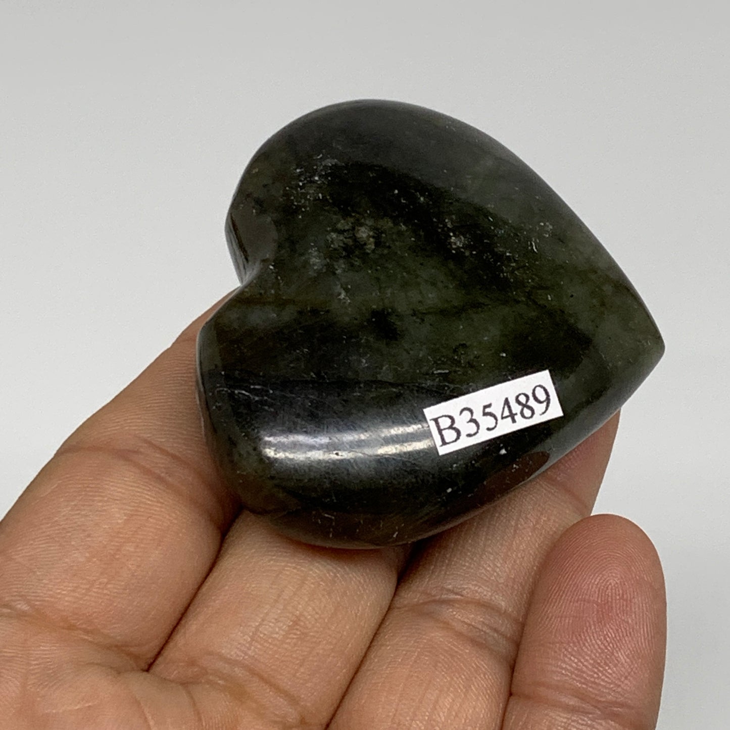 76.3g, 1.9"x2.2"x0.8", Natural Labradorite Heart Polished Crystal, B35489
