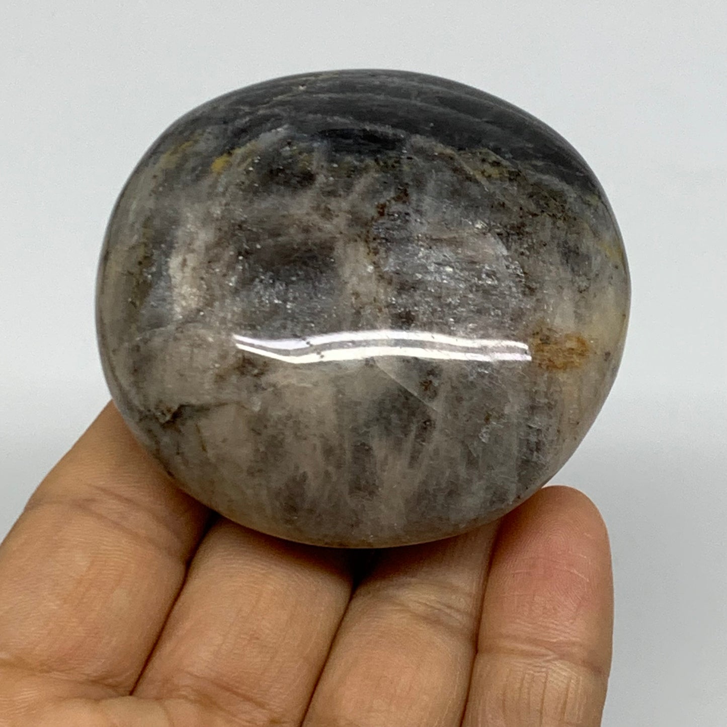 129.9g, 2.4"x2.3"x1.1",  Black Moonstone Crystal Palm-Stone Polished, B37757