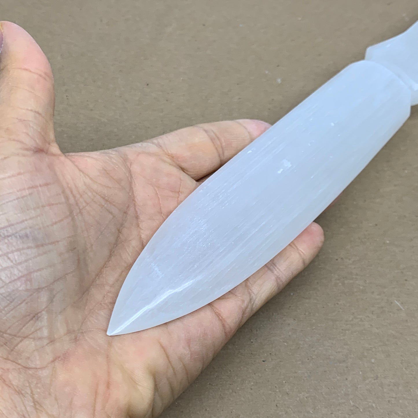 256g, 11.5"x1.5"x0.7", Natural Selenite Crystal Dagger (Satin Spar), B36043