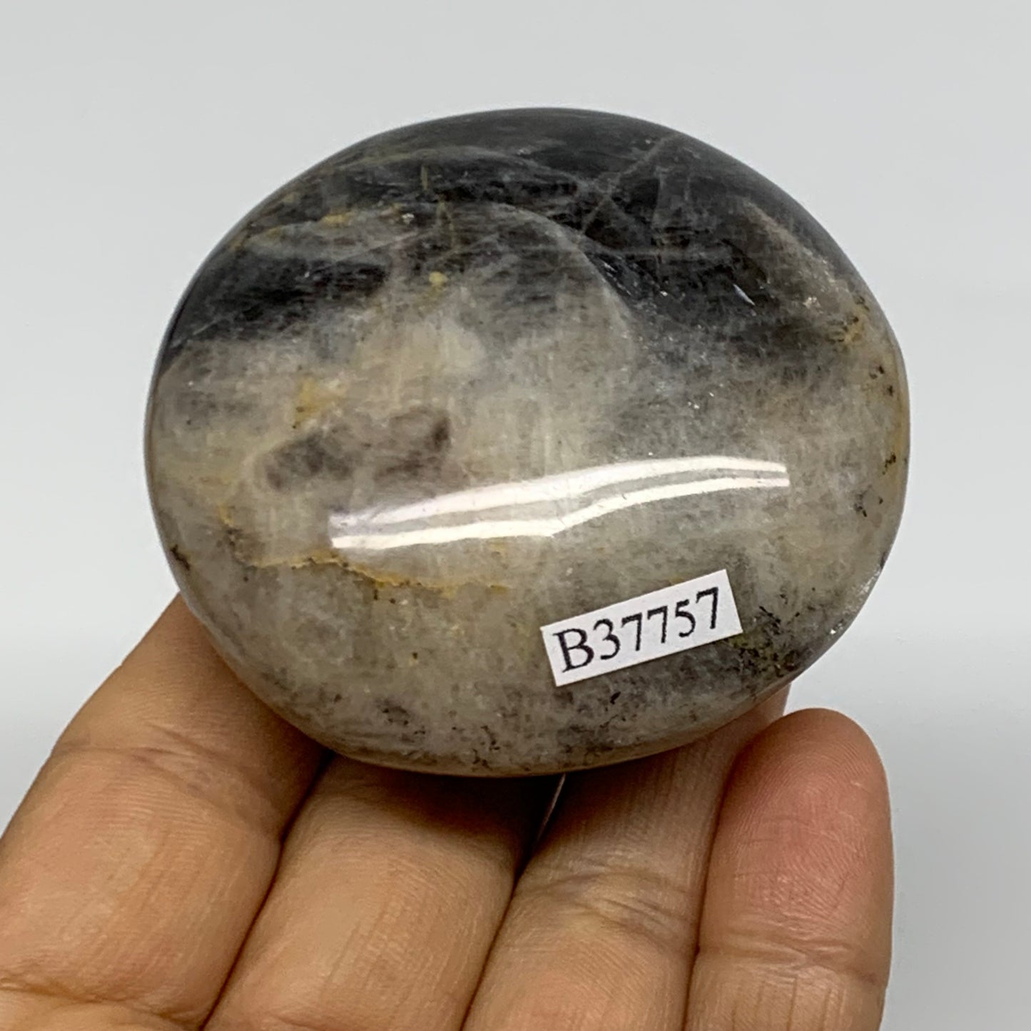 129.9g, 2.4"x2.3"x1.1",  Black Moonstone Crystal Palm-Stone Polished, B37757