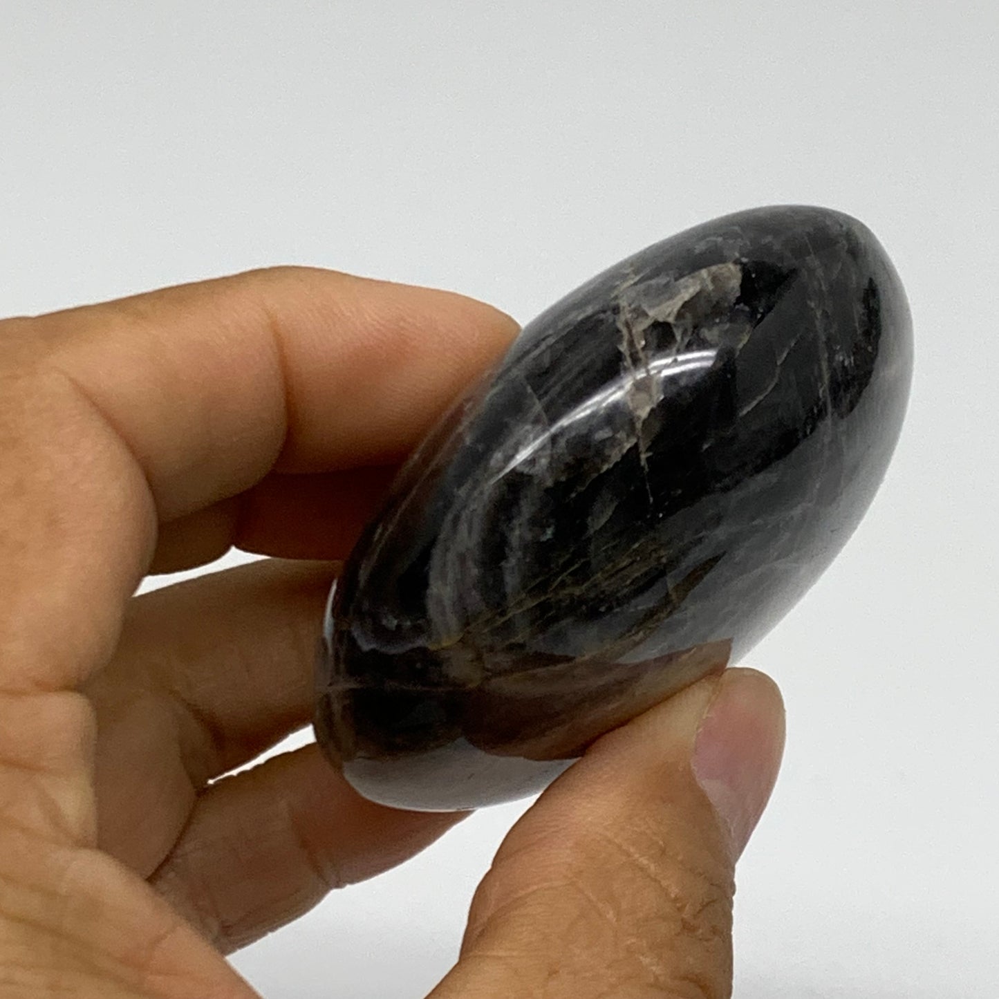 129.9g, 2.4"x2.3"x1.1",  Black Moonstone Crystal Palm-Stone Polished, B37757