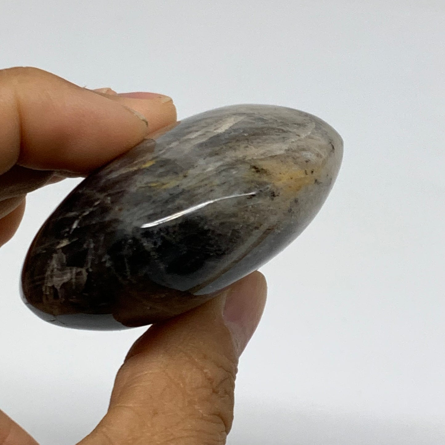 129.9g, 2.4"x2.3"x1.1",  Black Moonstone Crystal Palm-Stone Polished, B37757