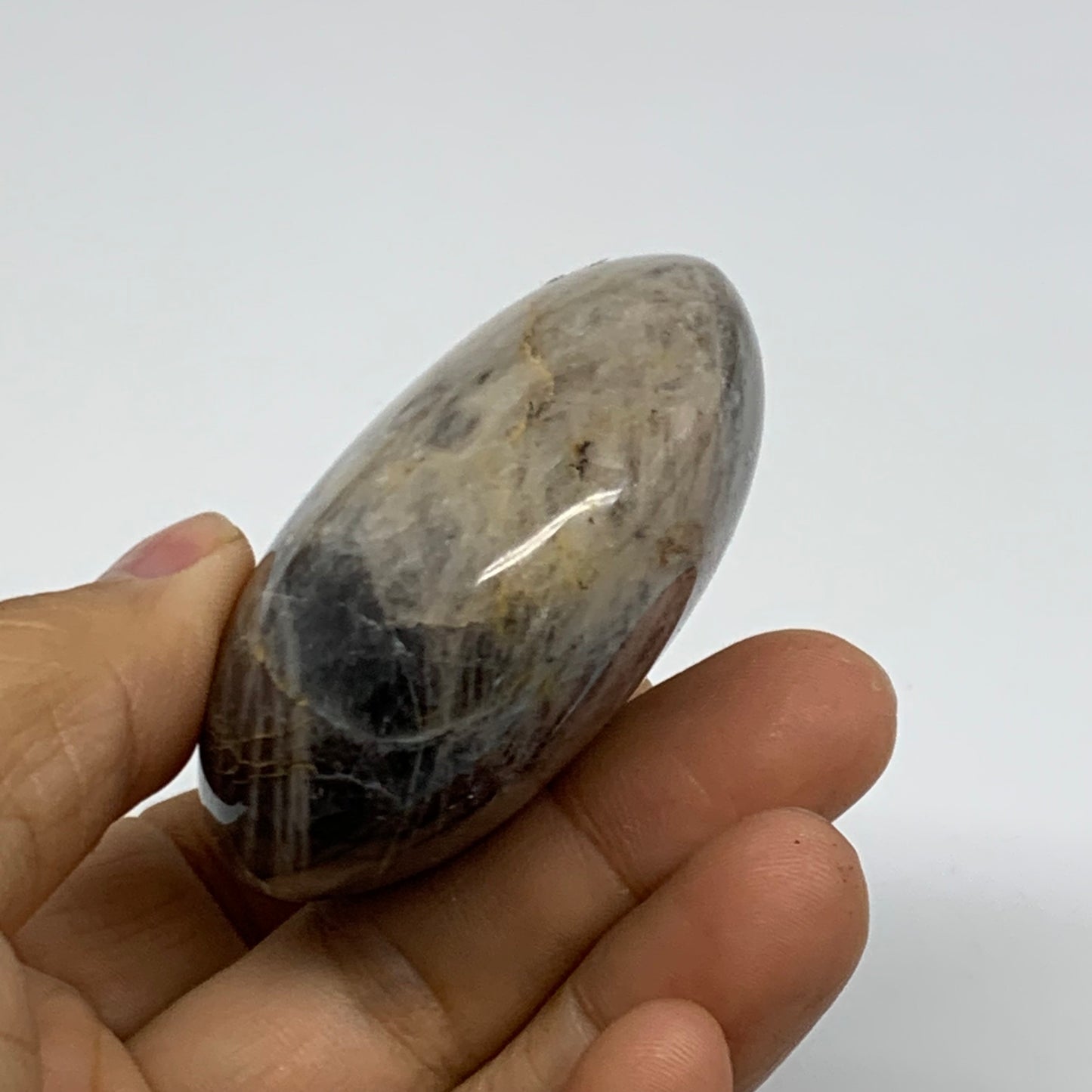 129.9g, 2.4"x2.3"x1.1",  Black Moonstone Crystal Palm-Stone Polished, B37757