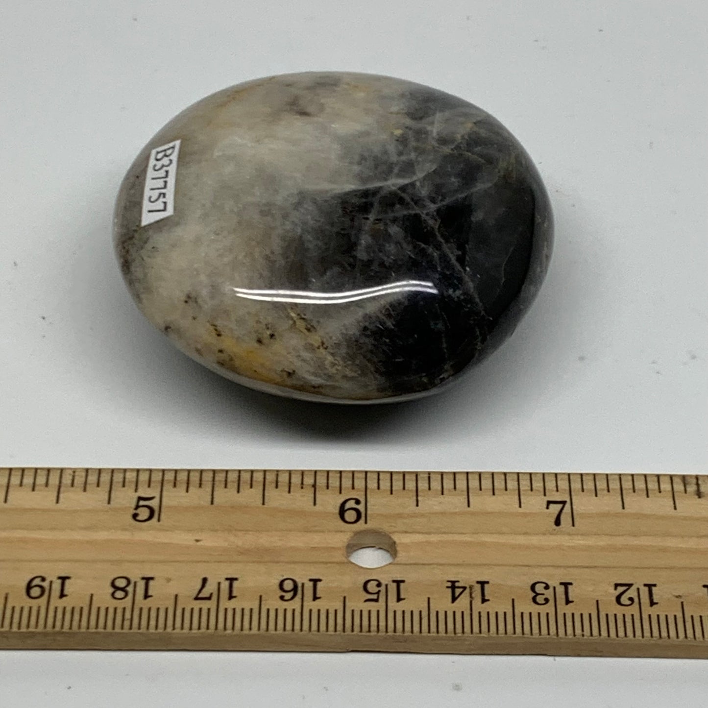 129.9g, 2.4"x2.3"x1.1",  Black Moonstone Crystal Palm-Stone Polished, B37757