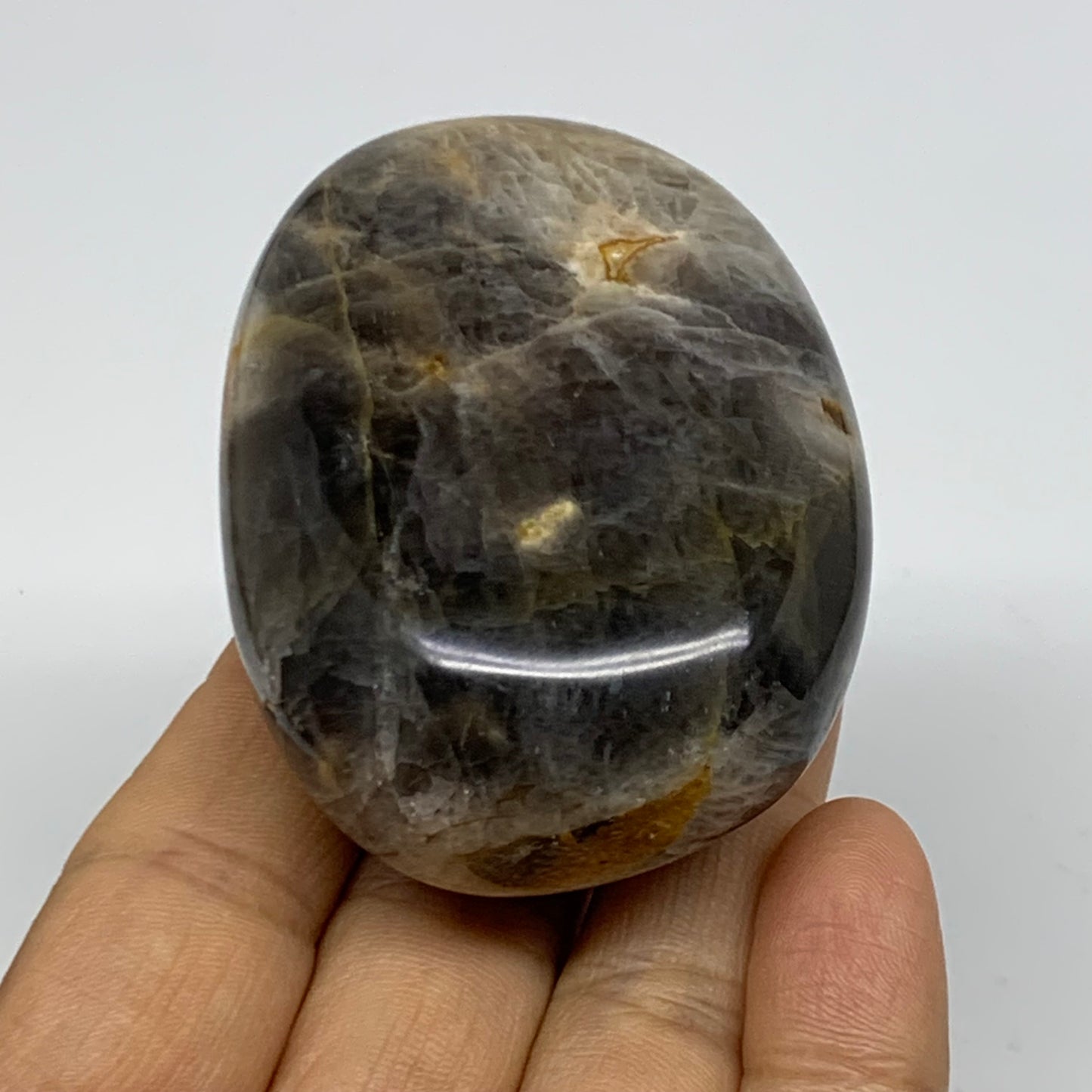 135.9g, 2.6"x1.9"x1.2",  Black Moonstone Crystal Palm-Stone Polished, B37758