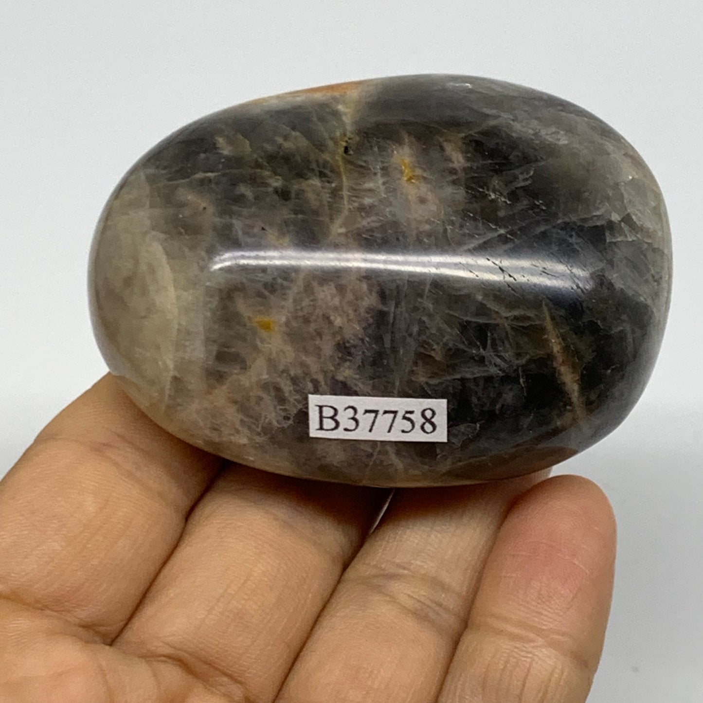 135.9g, 2.6"x1.9"x1.2",  Black Moonstone Crystal Palm-Stone Polished, B37758