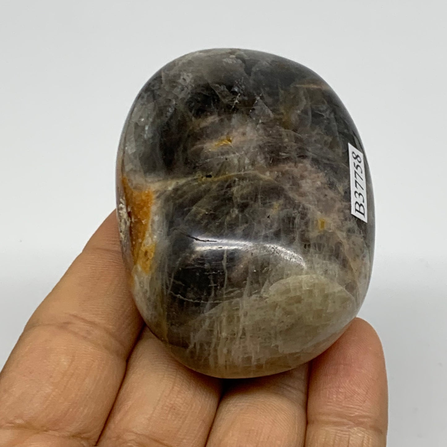 135.9g, 2.6"x1.9"x1.2",  Black Moonstone Crystal Palm-Stone Polished, B37758
