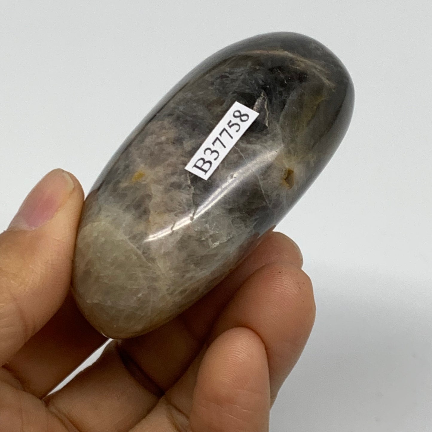 135.9g, 2.6"x1.9"x1.2",  Black Moonstone Crystal Palm-Stone Polished, B37758