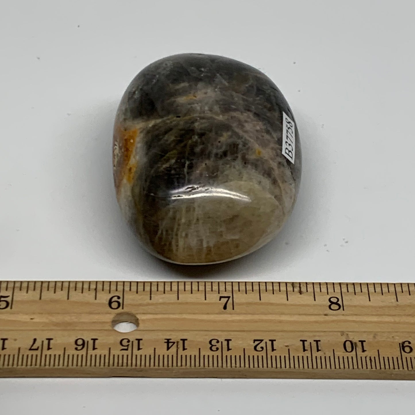 135.9g, 2.6"x1.9"x1.2",  Black Moonstone Crystal Palm-Stone Polished, B37758
