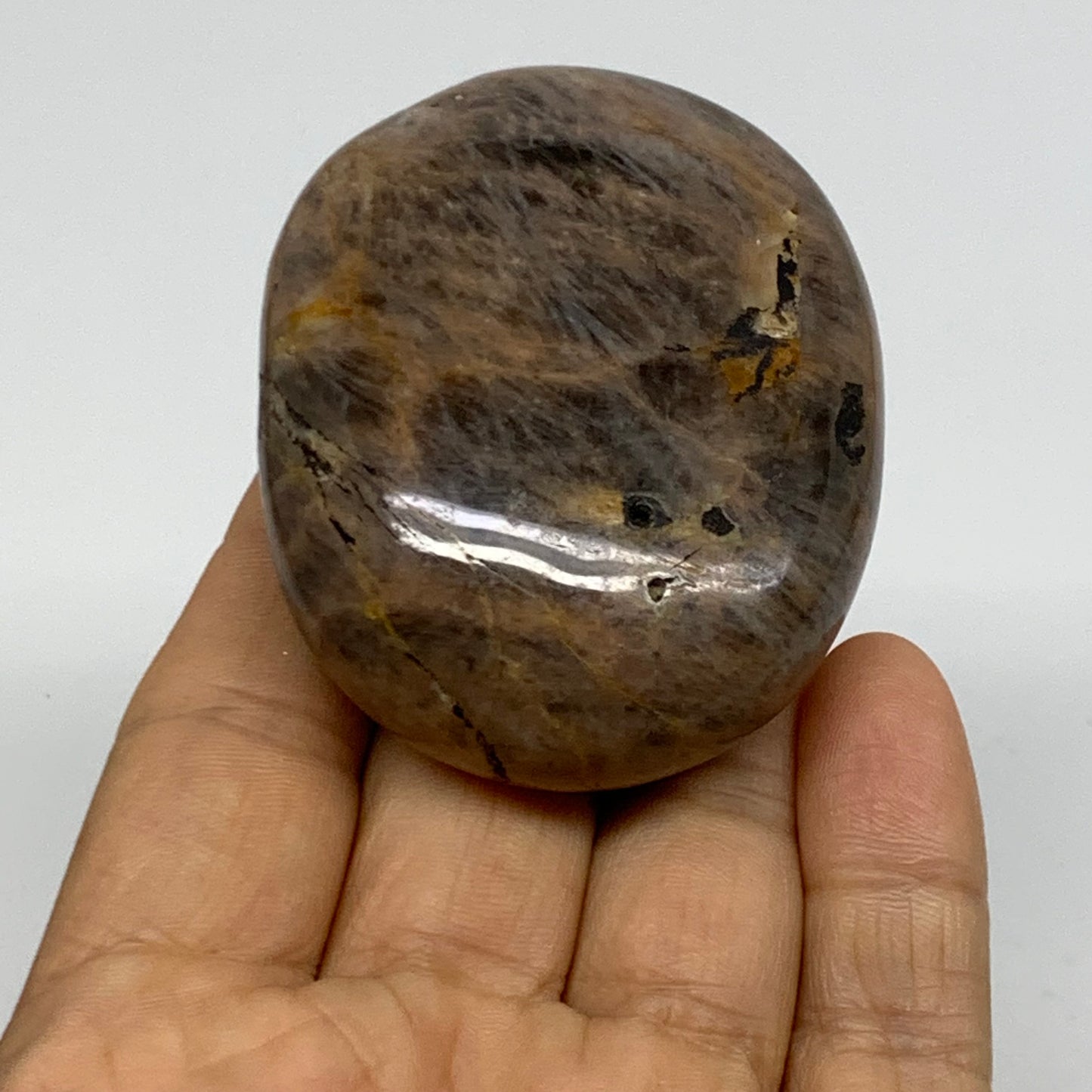 108.4g, 2.4"x1.9"x1",  Black Moonstone Crystal Palm-Stone Polished, B37759